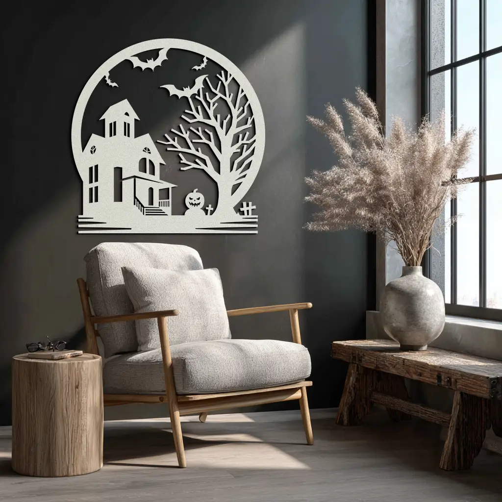 Haunted House & Bat Scene Metal Wall Art – Spooky Halloween Decor- KAF373 by Enova Art