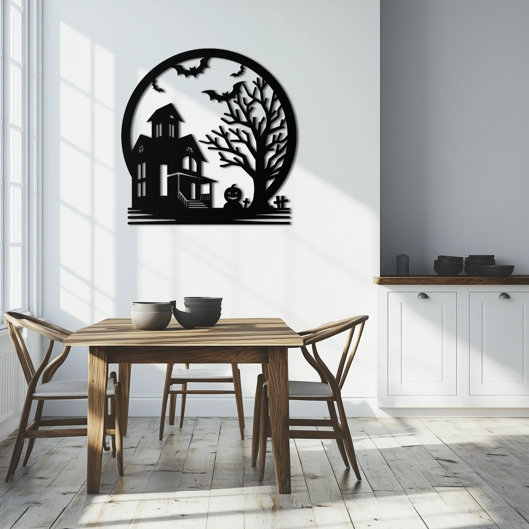 Haunted House & Bat Scene Metal Wall Art – Spooky Halloween Decor- KAF373 by Enova Art