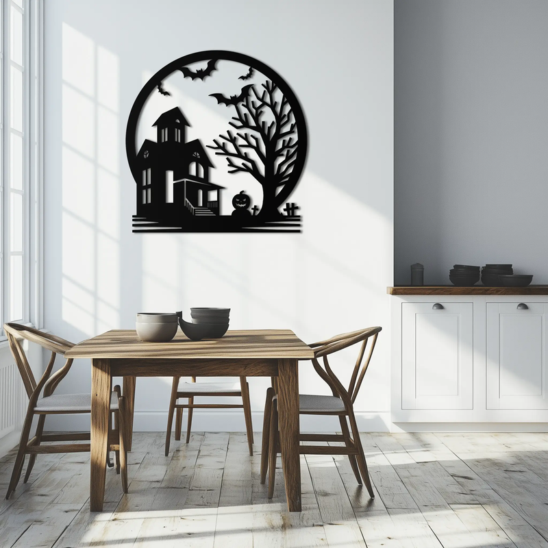 Haunted House & Bat Scene Metal Wall Art – Spooky Halloween Decor- KAF373 by Enova Art