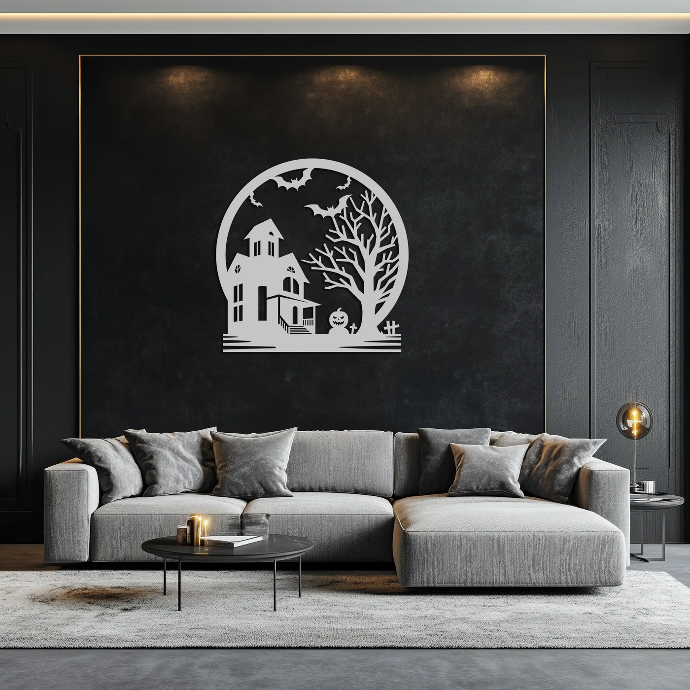 Haunted House & Bat Scene Metal Wall Art – Spooky Halloween Decor- KAF373 by Enova Art