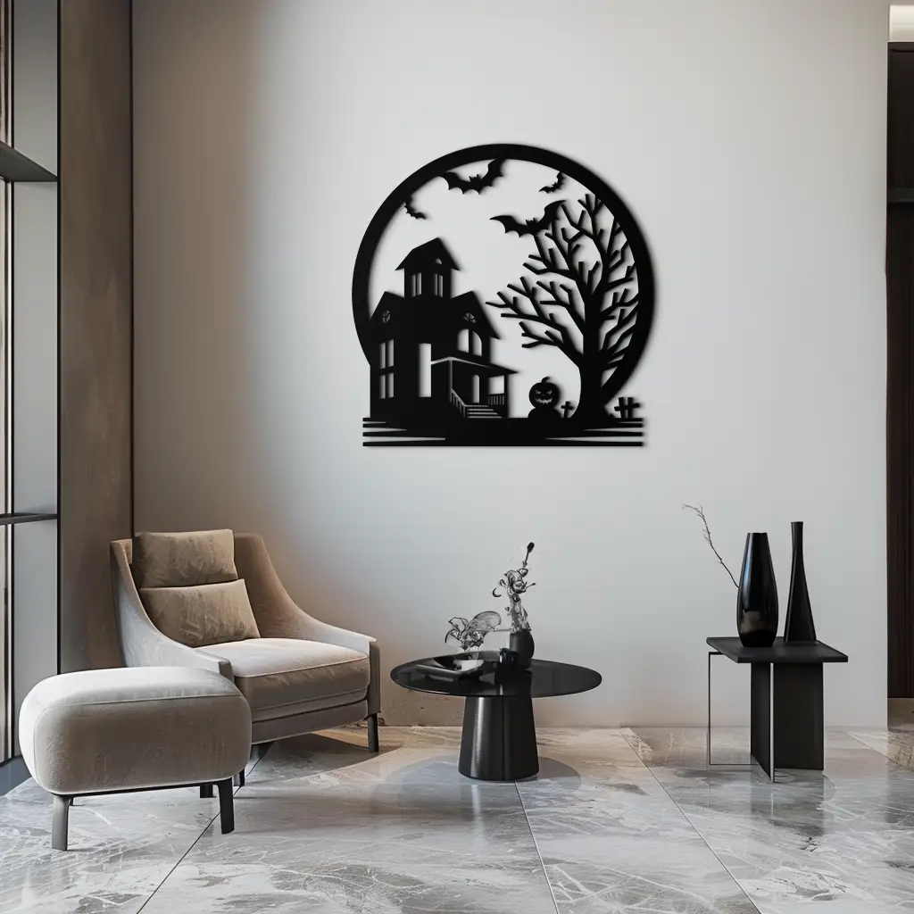 Haunted House & Bat Scene Metal Wall Art – Spooky Halloween Decor- KAF373 by Enova Art