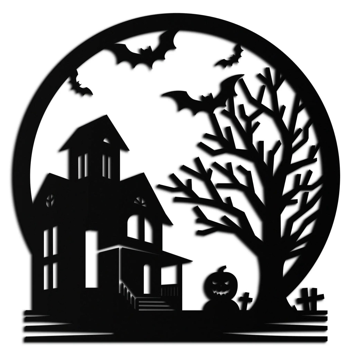 Haunted House & Bat Scene Metal Wall Art – Spooky Halloween Decor- KAF373 by Enova Art