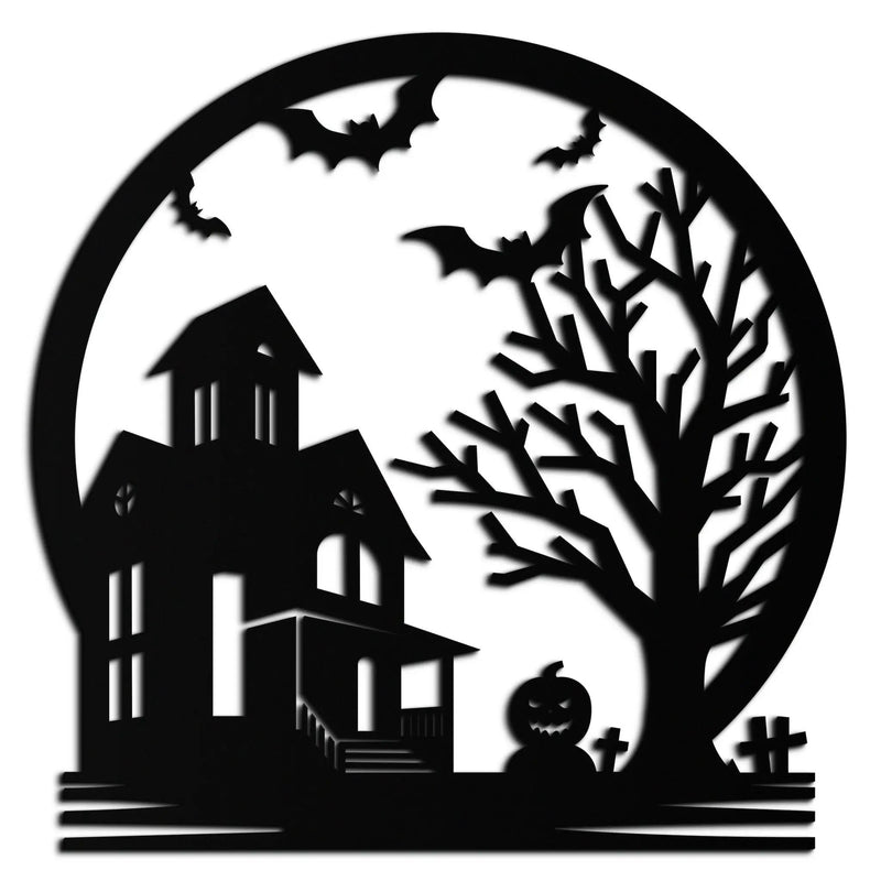 Haunted House & Bat Scene Metal Wall Art – Spooky Halloween Decor- KAF373 by Enova Art