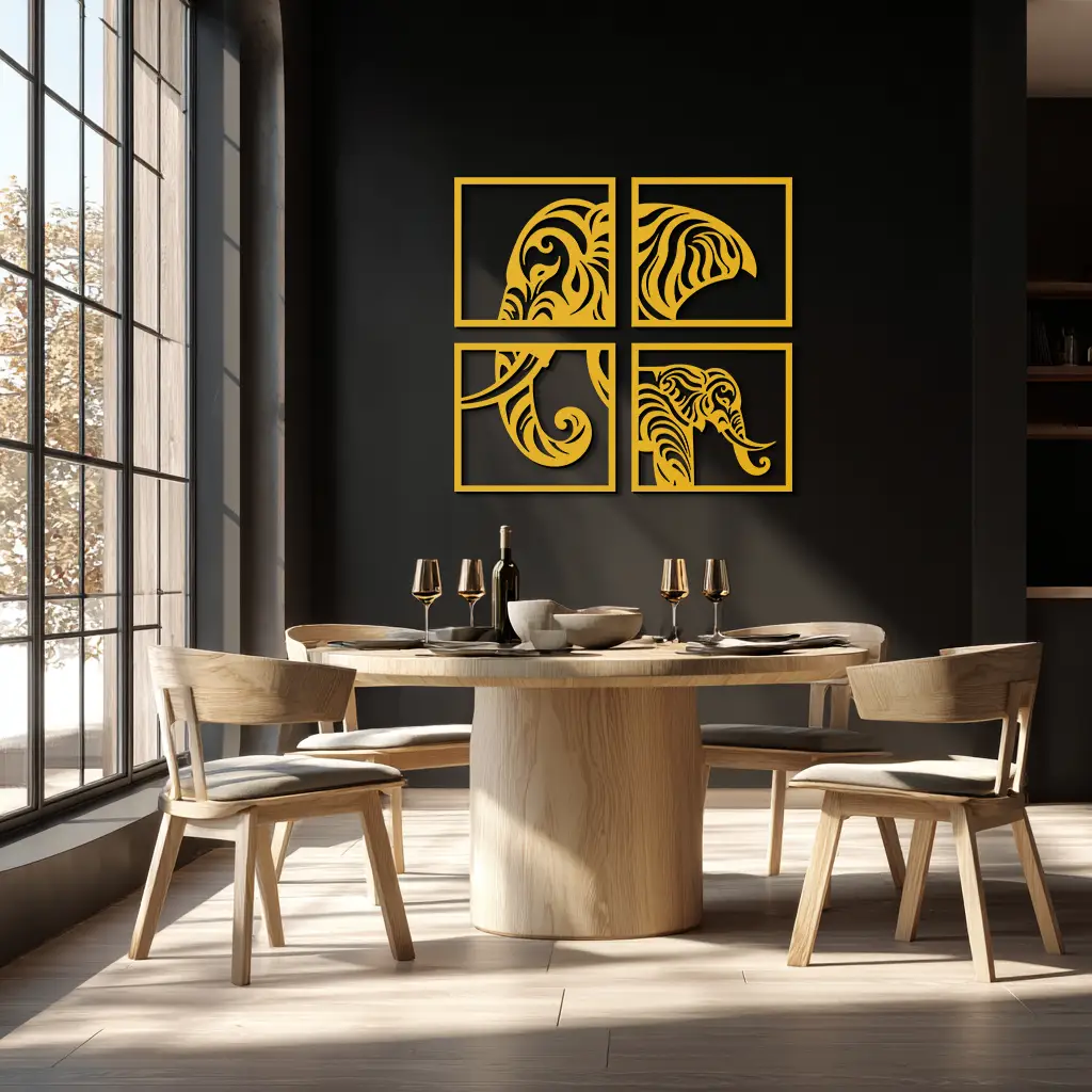 Elephant Silhouette 4-Piece Metal Wall Art – Modern Tribal Design- KAF374 by Enova Art