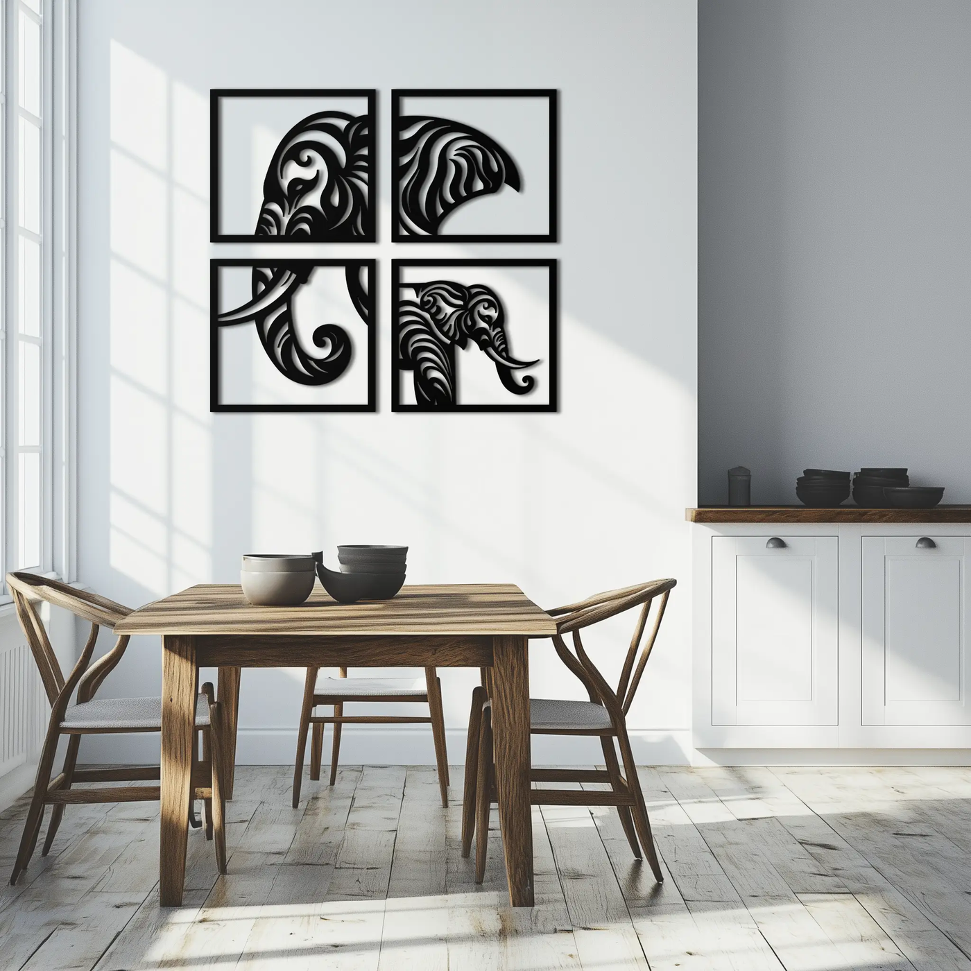 Elephant Silhouette 4-Piece Metal Wall Art – Modern Tribal Design- KAF374 by Enova Art