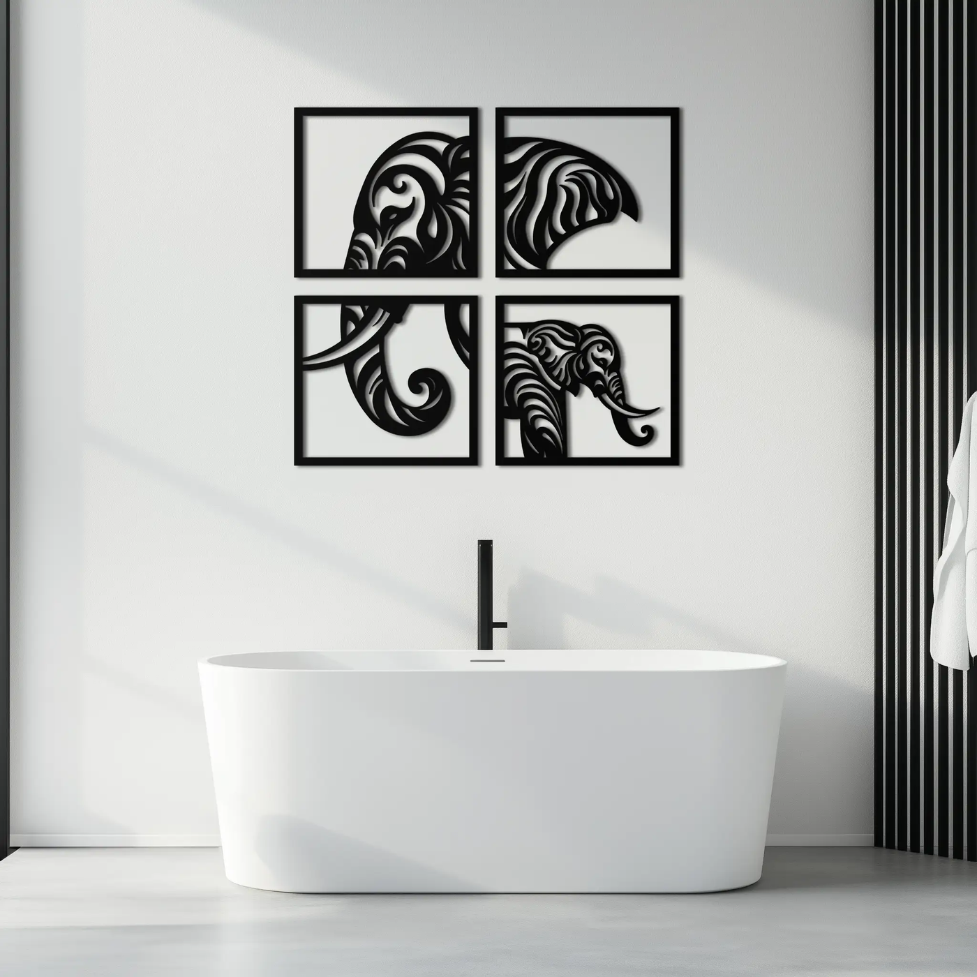 Elephant Silhouette 4-Piece Metal Wall Art – Modern Tribal Design- KAF374 by Enova Art