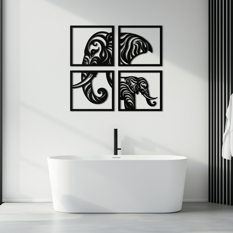 Elephant Silhouette 4-Piece Metal Wall Art – Modern Tribal Design- KAF374 by Enova Art