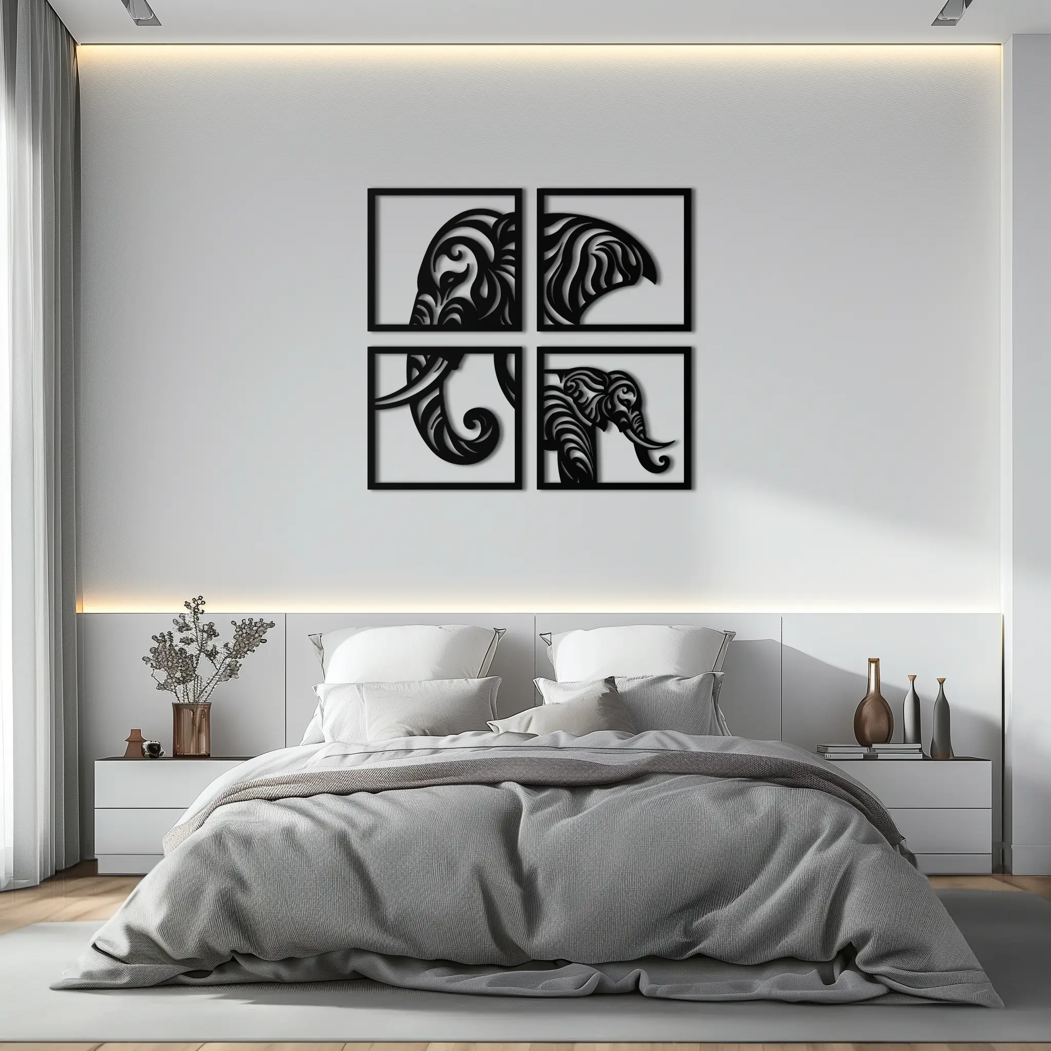 Elephant Silhouette 4-Piece Metal Wall Art – Modern Tribal Design- KAF374 by Enova Art