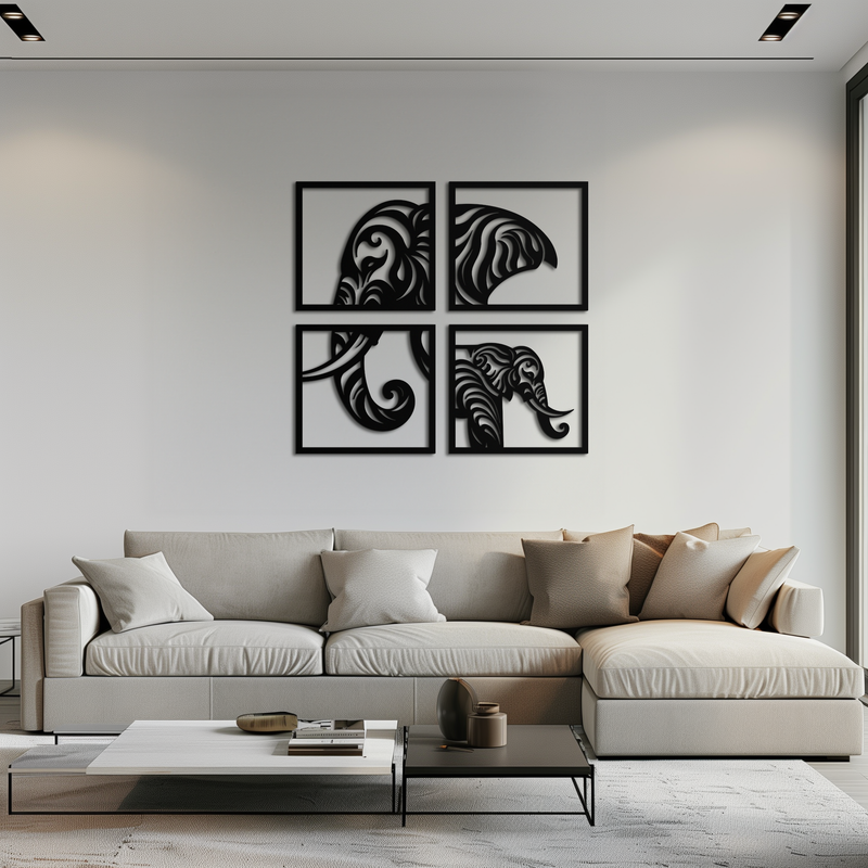Elephant Silhouette 4-Piece Metal Wall Art – Modern Tribal Design- KAF374 by Enova Art