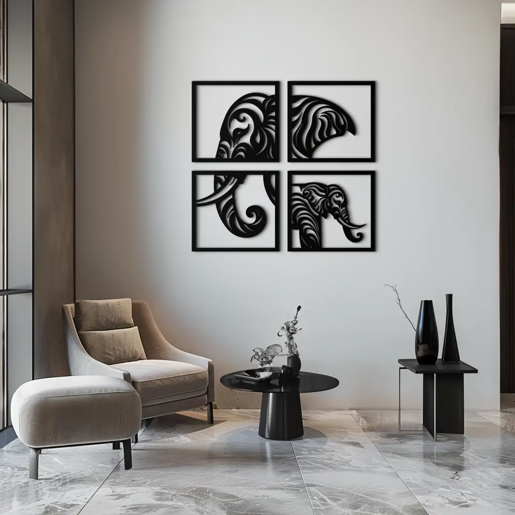 Elephant Silhouette 4-Piece Metal Wall Art – Modern Tribal Design- KAF374 by Enova Art