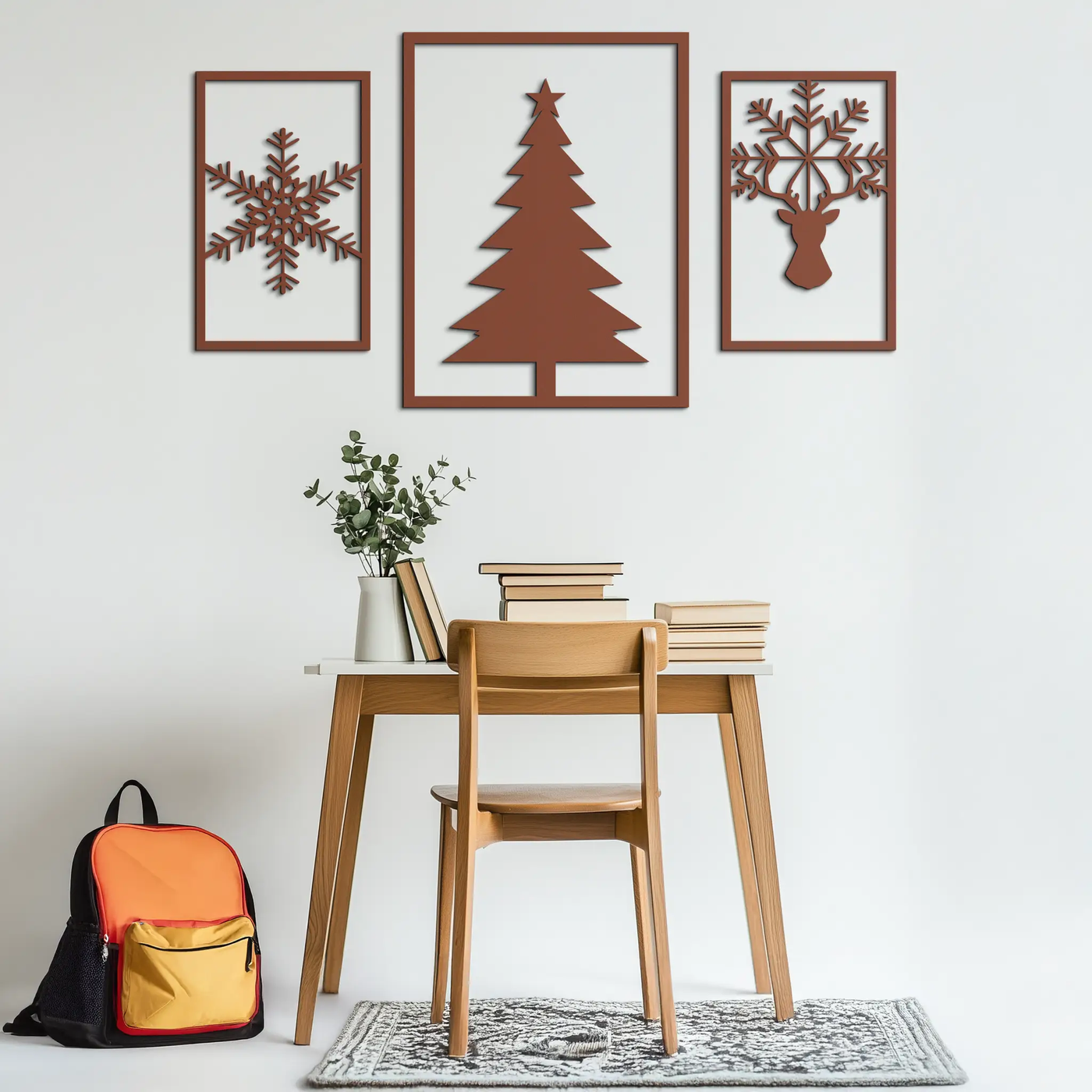 Christmas Tree & Reindeer Metal Wall Art Set – 3 Piece Modern Holiday Decor- KAF377 by Enova Art