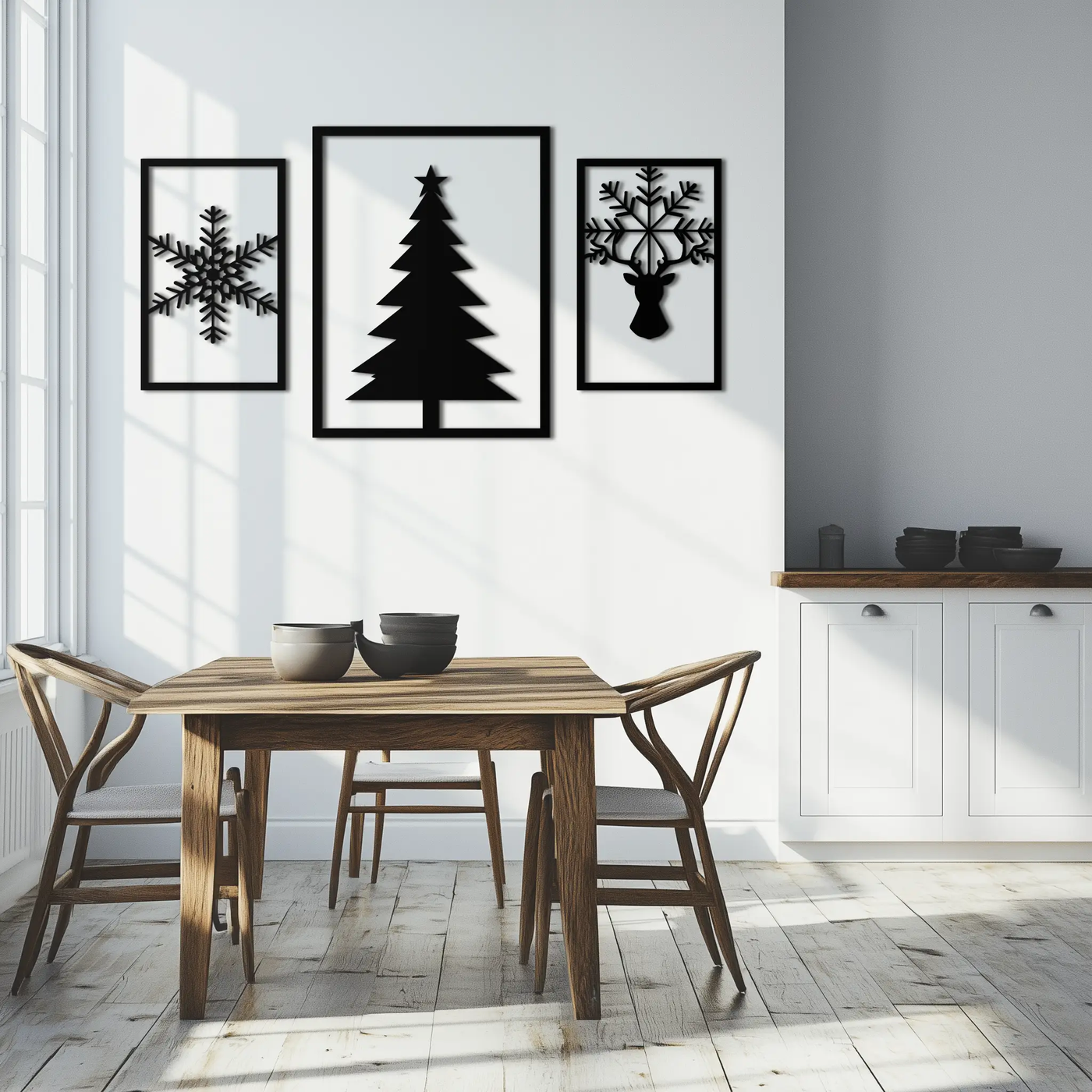 Christmas Tree & Reindeer Metal Wall Art Set – 3 Piece Modern Holiday Decor- KAF377 by Enova Art