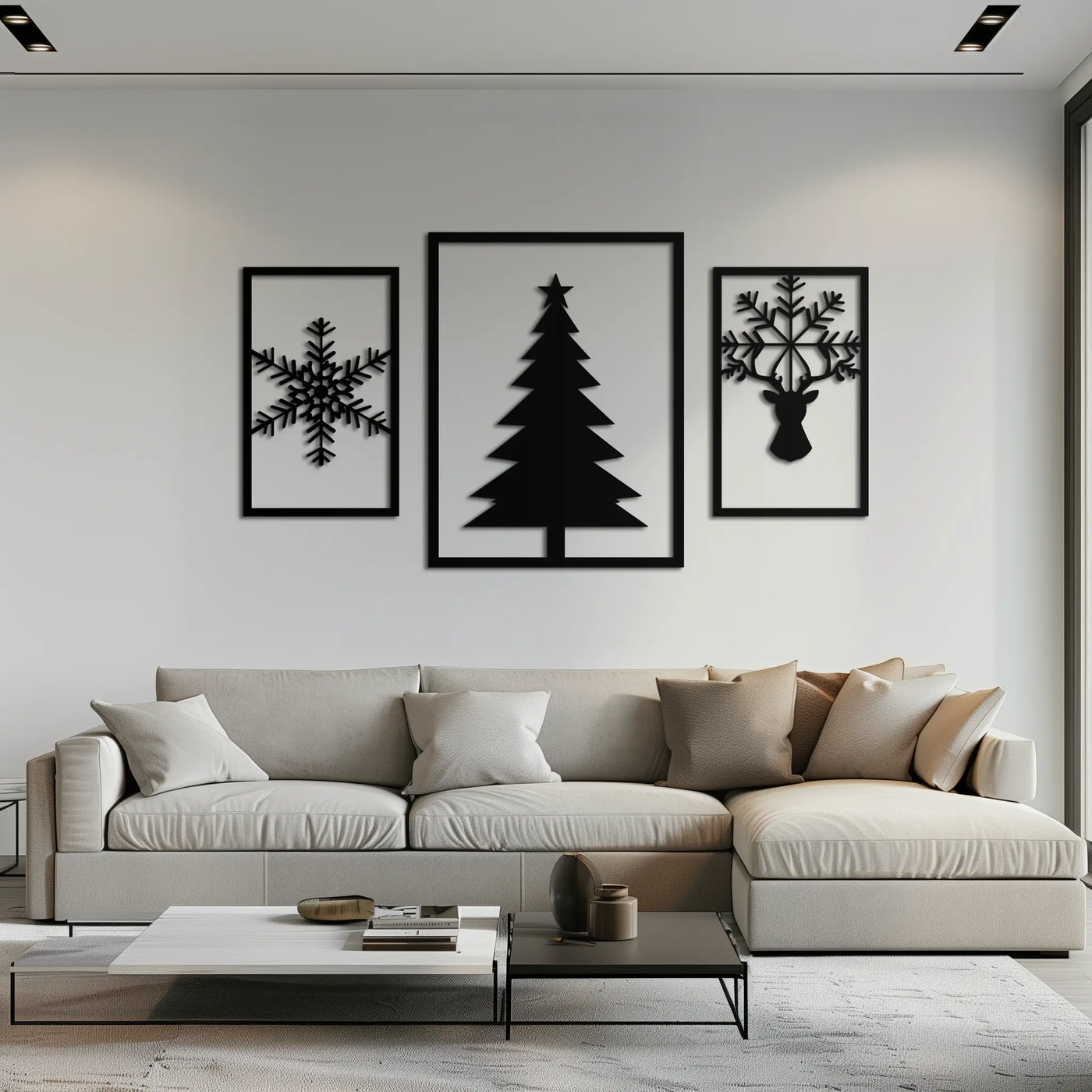 Christmas Tree & Reindeer Metal Wall Art Set – 3 Piece Modern Holiday Decor- KAF377 by Enova Art