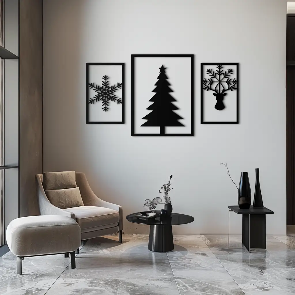 Christmas Tree & Reindeer Metal Wall Art Set – 3 Piece Modern Holiday Decor- KAF377 by Enova Art