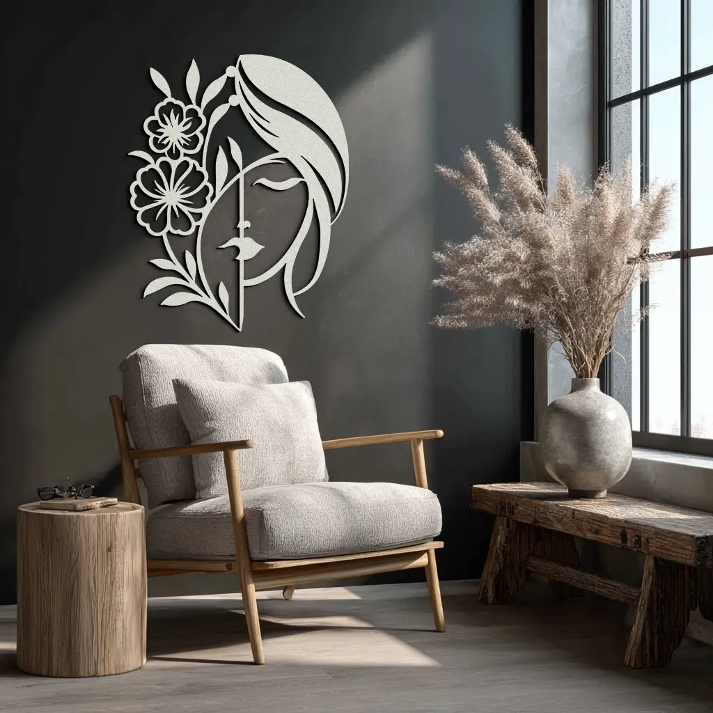 Woman with Flower Metal Wall Art – Elegant Female Silhouette Steel Decor- KAF385 by Enova Art