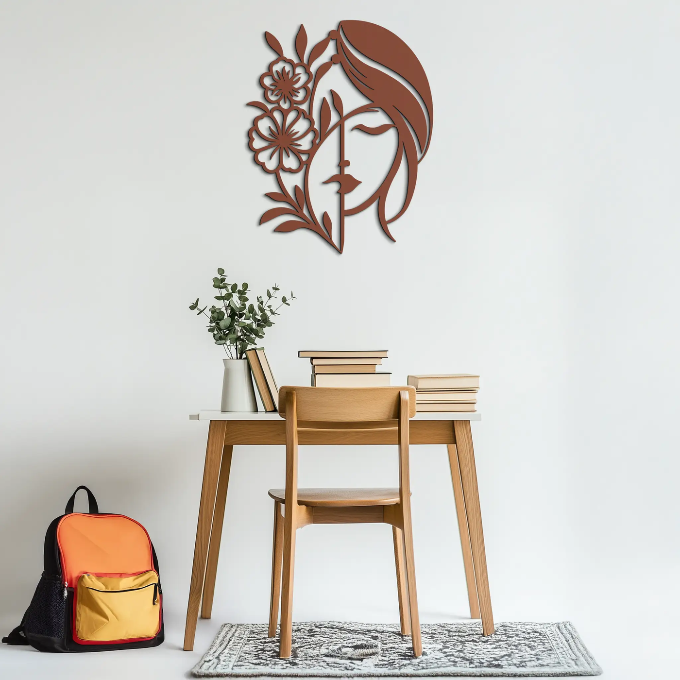 Woman with Flower Metal Wall Art – Elegant Female Silhouette Steel Decor- KAF385 by Enova Art