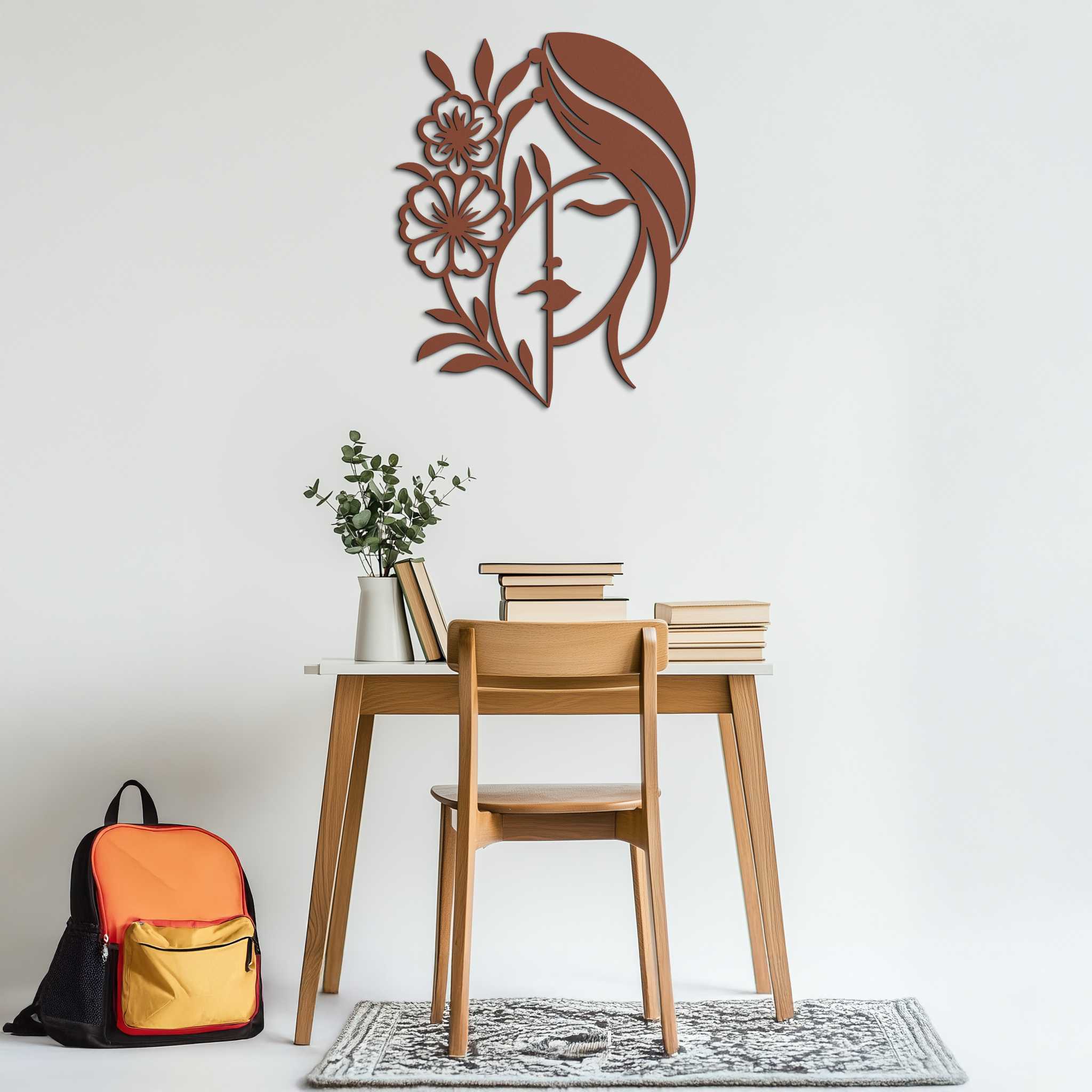 Woman with Flower Metal Wall Art – Elegant Female Silhouette Steel Decor- KAF385 by Enova Art
