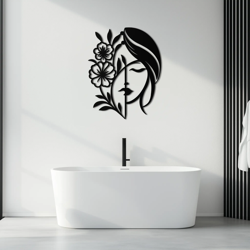 Woman with Flower Metal Wall Art – Elegant Female Silhouette Steel Decor- KAF385 by Enova Art