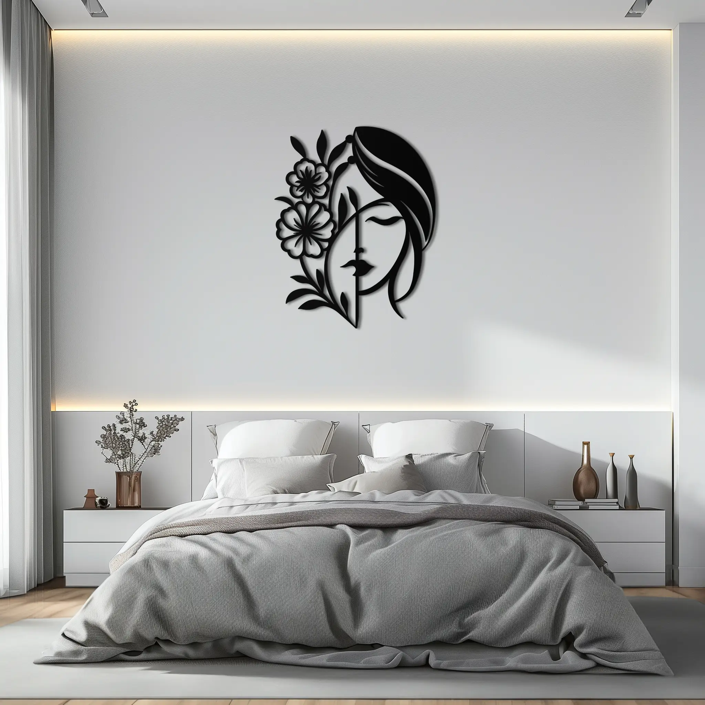 Woman with Flower Metal Wall Art – Elegant Female Silhouette Steel Decor- KAF385 by Enova Art