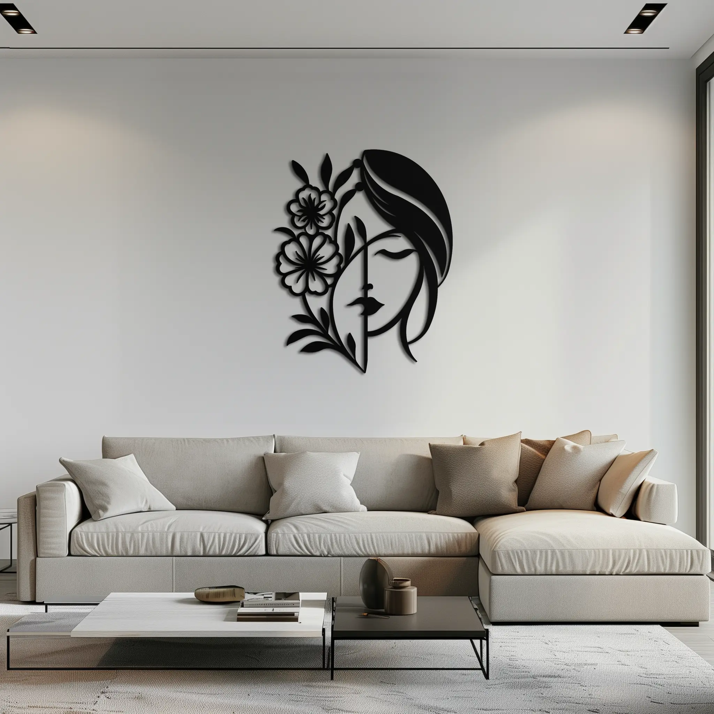 Woman with Flower Metal Wall Art – Elegant Female Silhouette Steel Decor- KAF385 by Enova Art