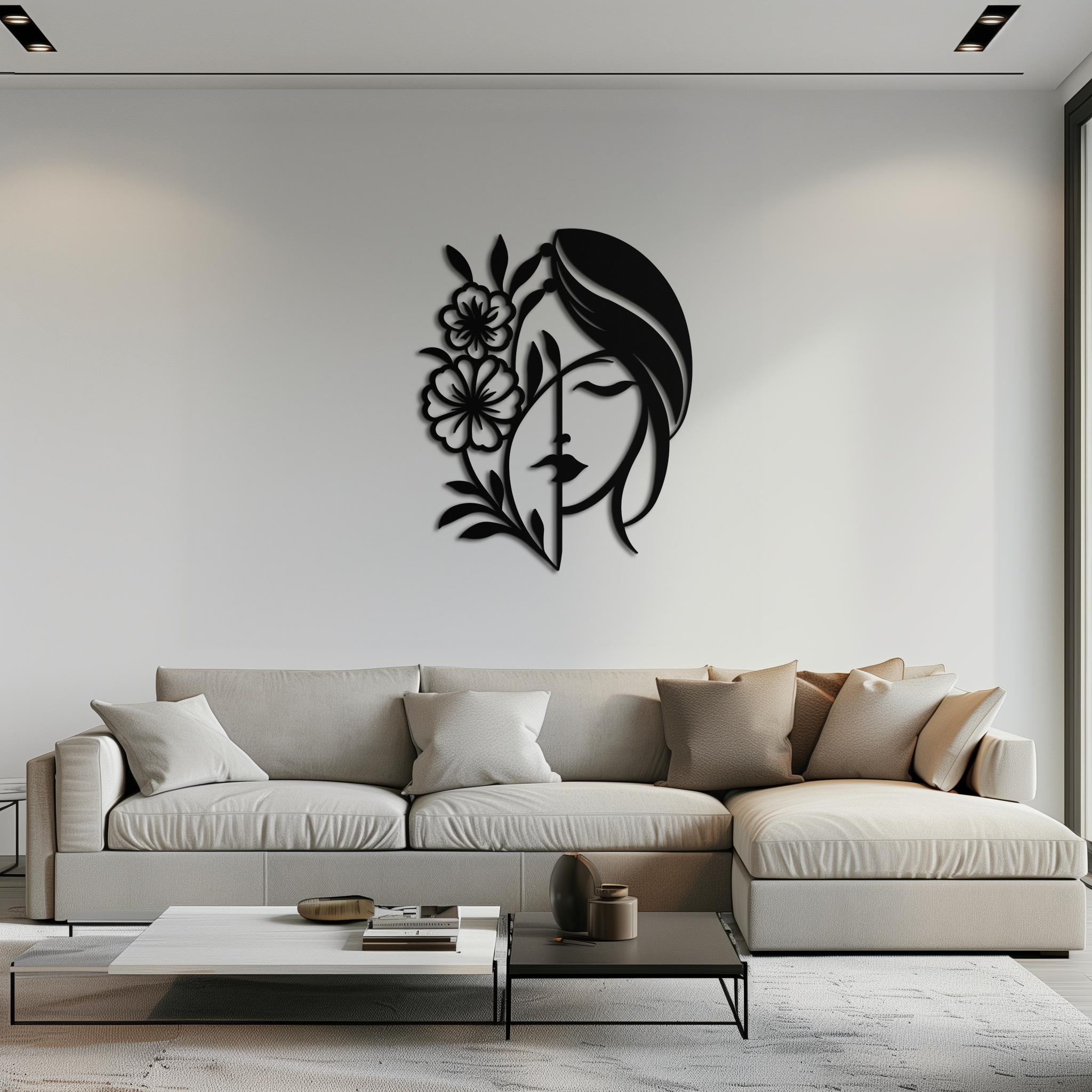 Woman with Flower Metal Wall Art – Elegant Female Silhouette Steel Decor- KAF385 by Enova Art