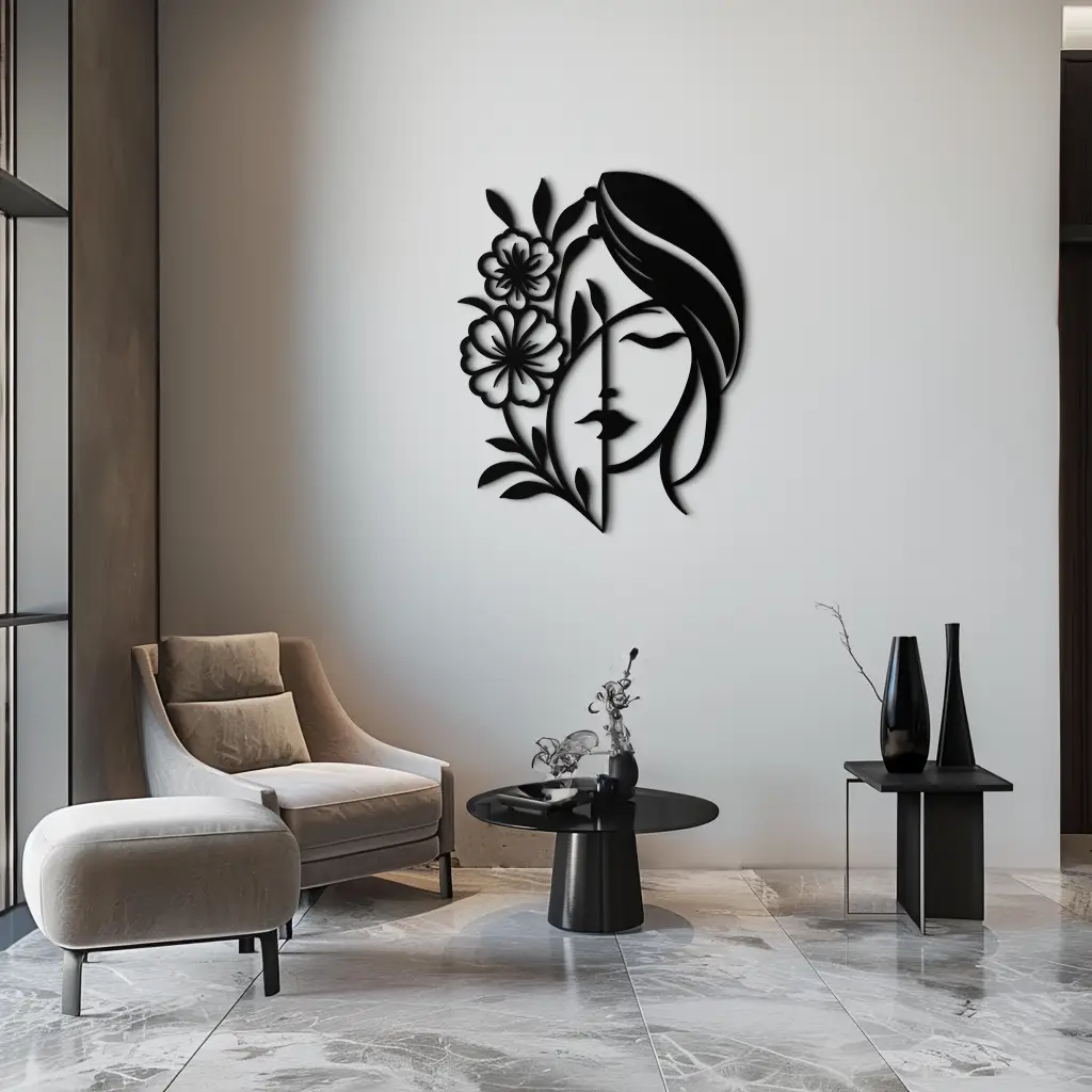 Woman with Flower Metal Wall Art – Elegant Female Silhouette Steel Decor- KAF385 by Enova Art