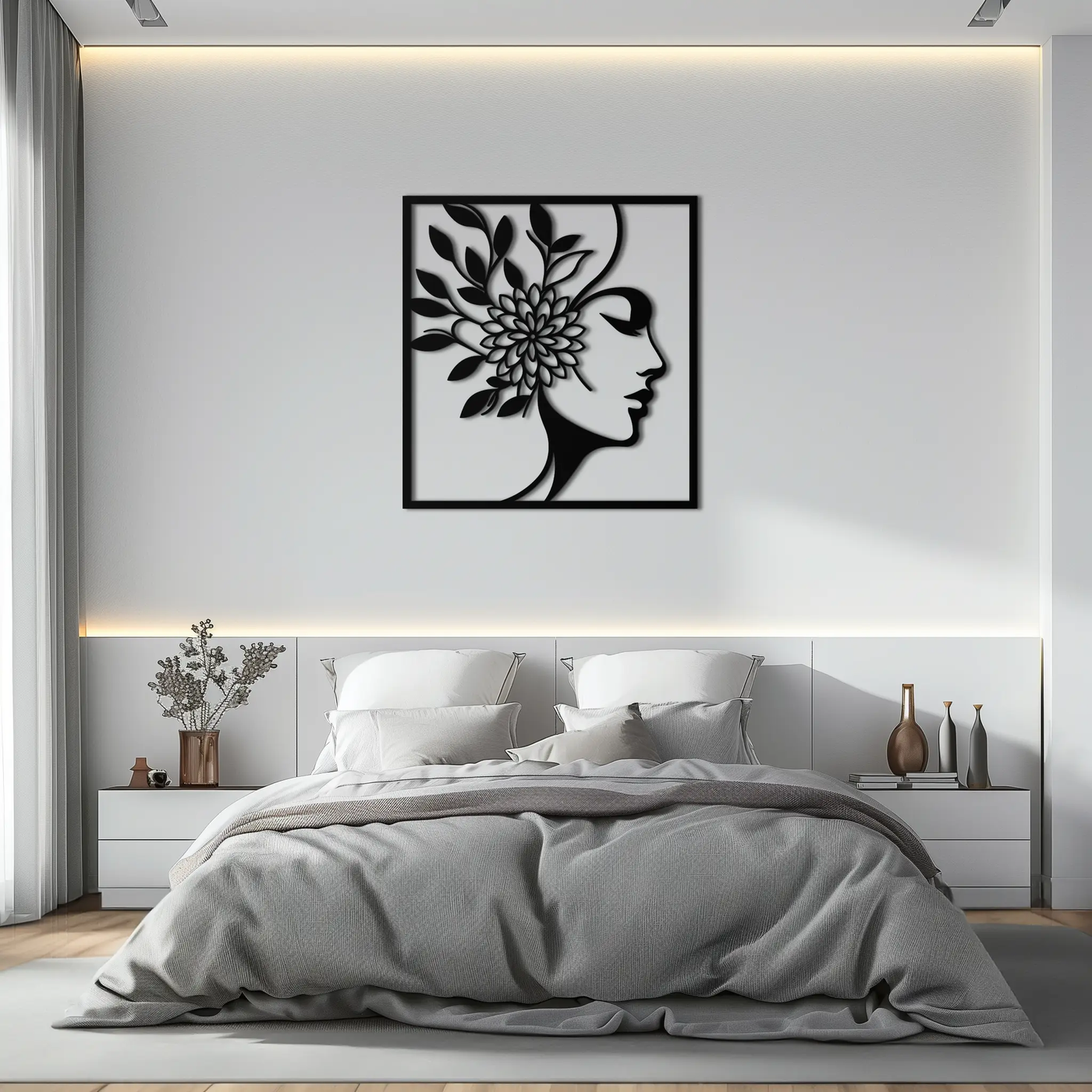 WOMAN WITH FLOWER Metal Wall Art – Modern Silhouette Steel Decor- KAF387 by Enova Art