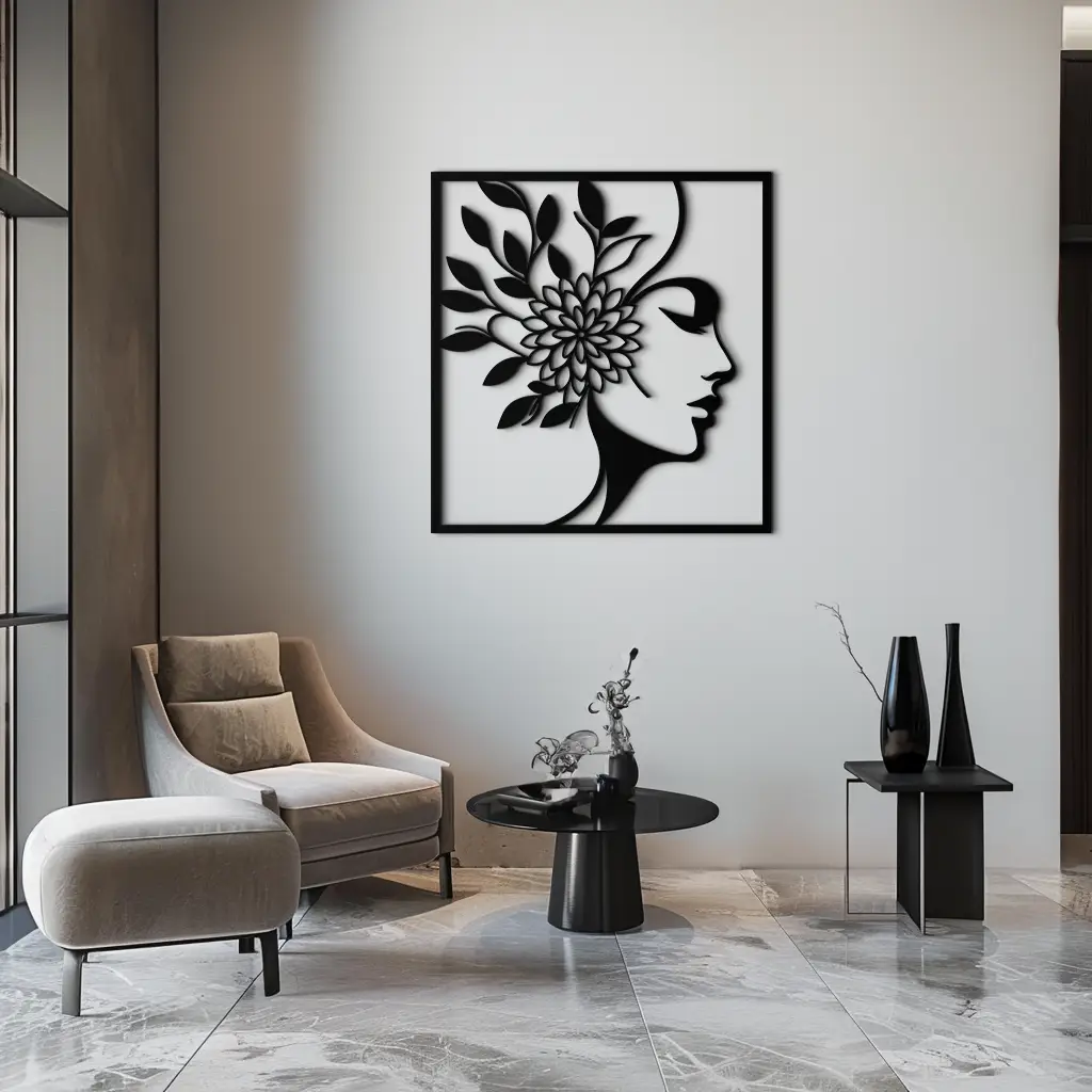 WOMAN WITH FLOWER Metal Wall Art – Modern Silhouette Steel Decor- KAF387 by Enova Art