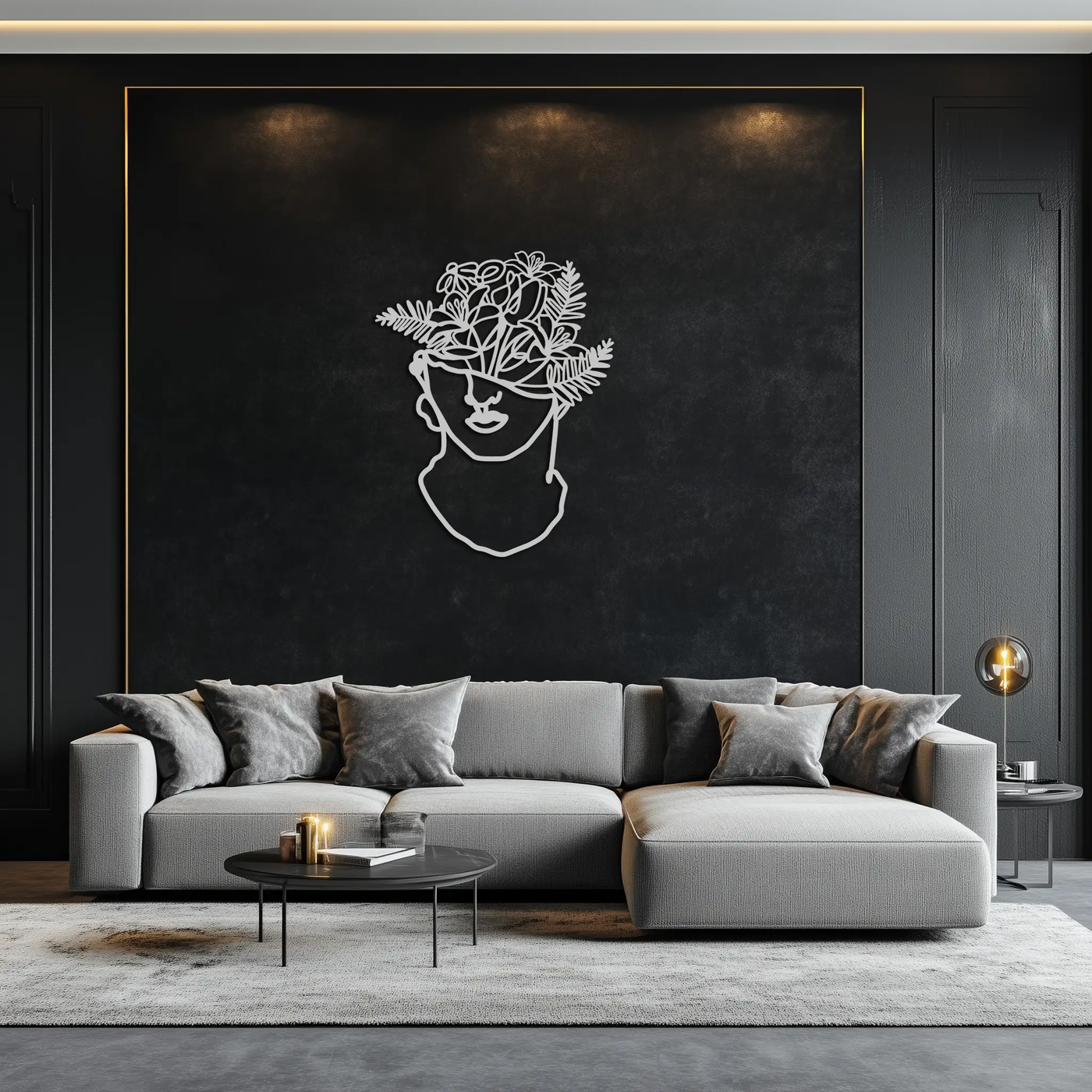 Floral Greek Statue Line Art – Modern Abstract Face Metal Wall Decor- KAF394 by Enova Art