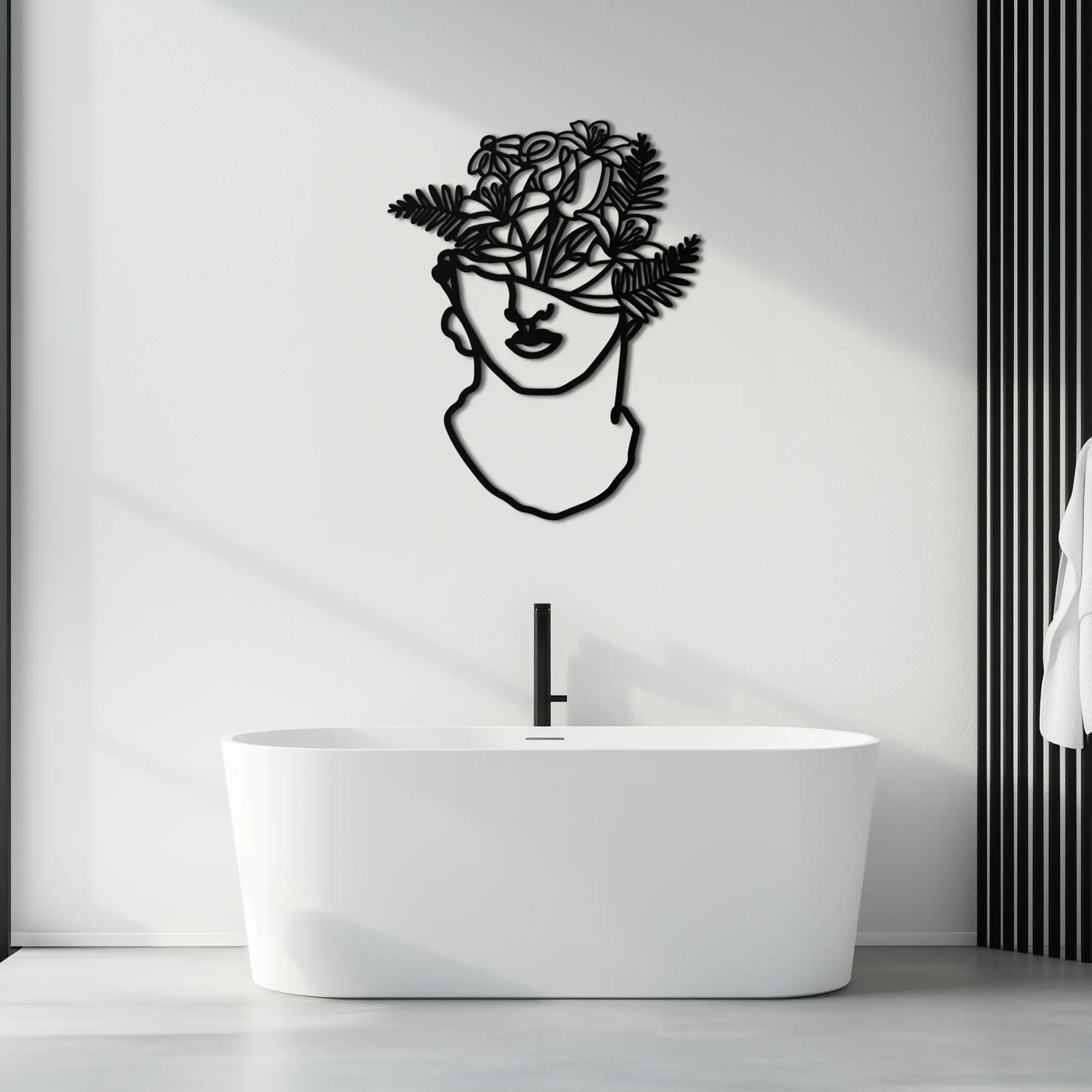 Floral Greek Statue Line Art – Modern Abstract Face Metal Wall Decor- KAF394 by Enova Art