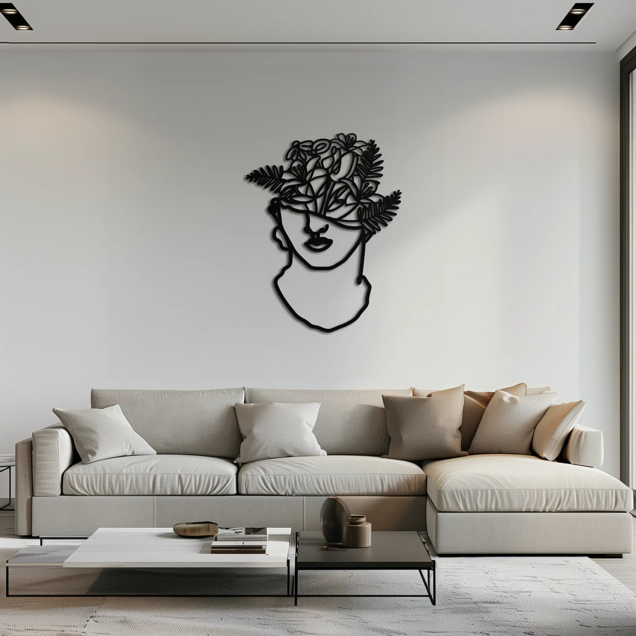 Floral Greek Statue Line Art – Modern Abstract Face Metal Wall Decor- KAF394 by Enova Art