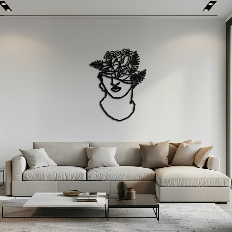 Floral Greek Statue Line Art – Modern Abstract Face Metal Wall Decor- KAF394 by Enova Art