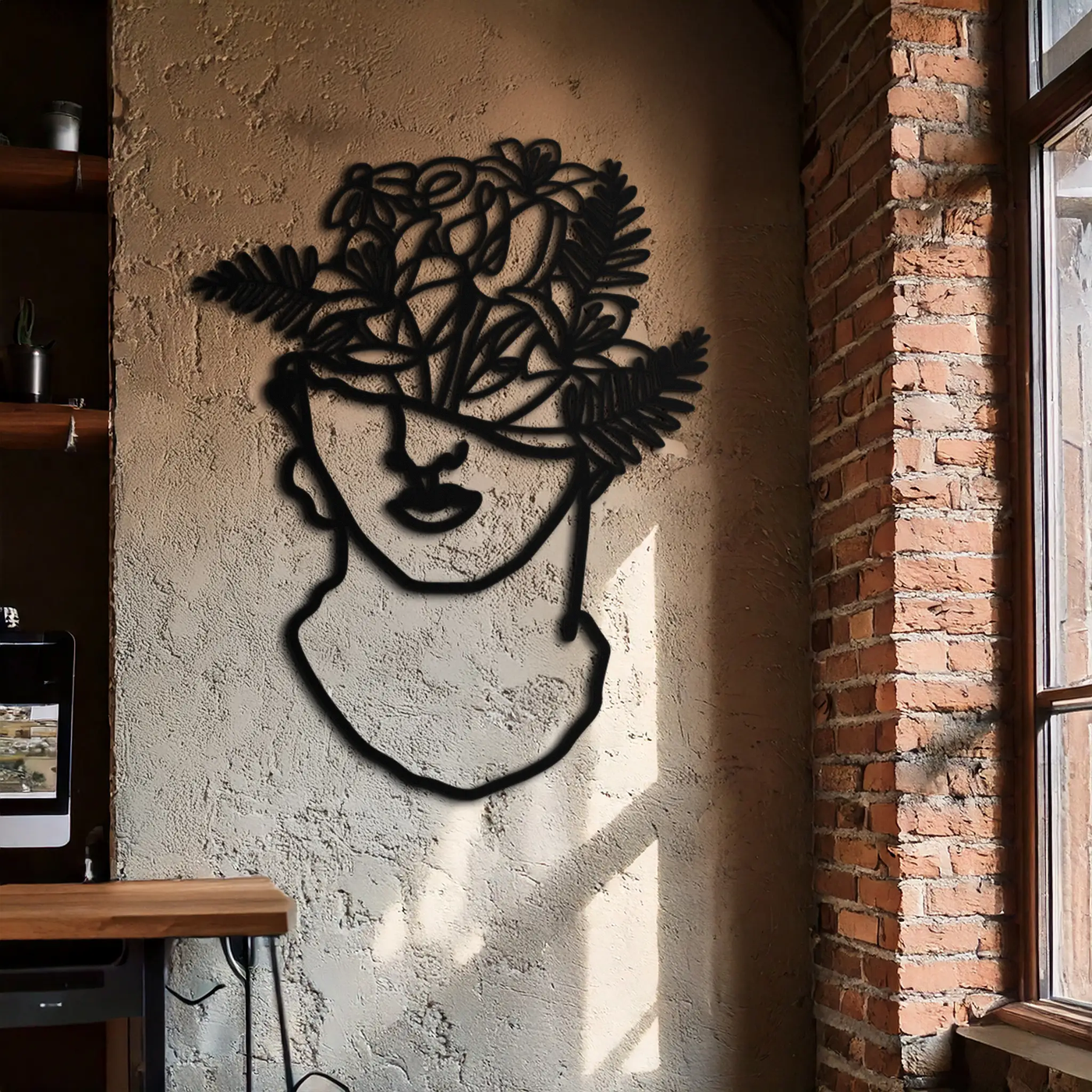 Floral Greek Statue Line Art – Modern Abstract Face Metal Wall Decor- KAF394 by Enova Art