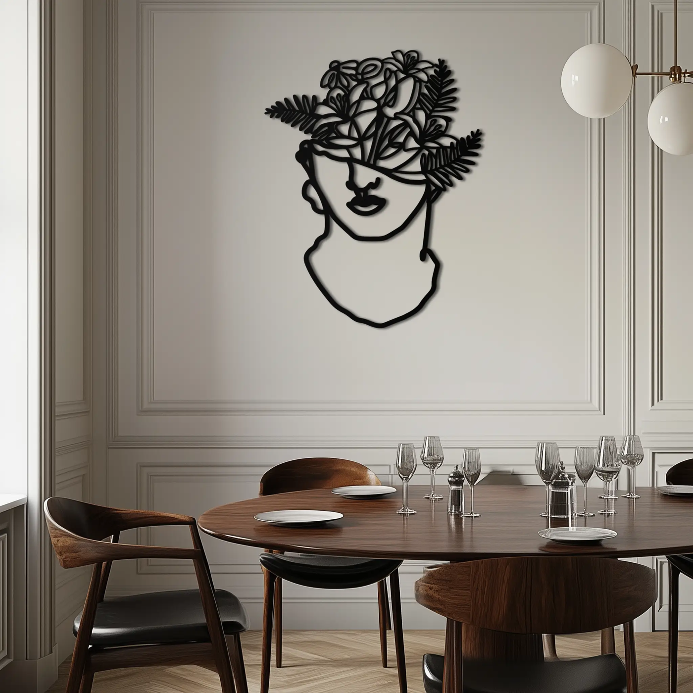 Floral Greek Statue Line Art – Modern Abstract Face Metal Wall Decor- KAF394 by Enova Art