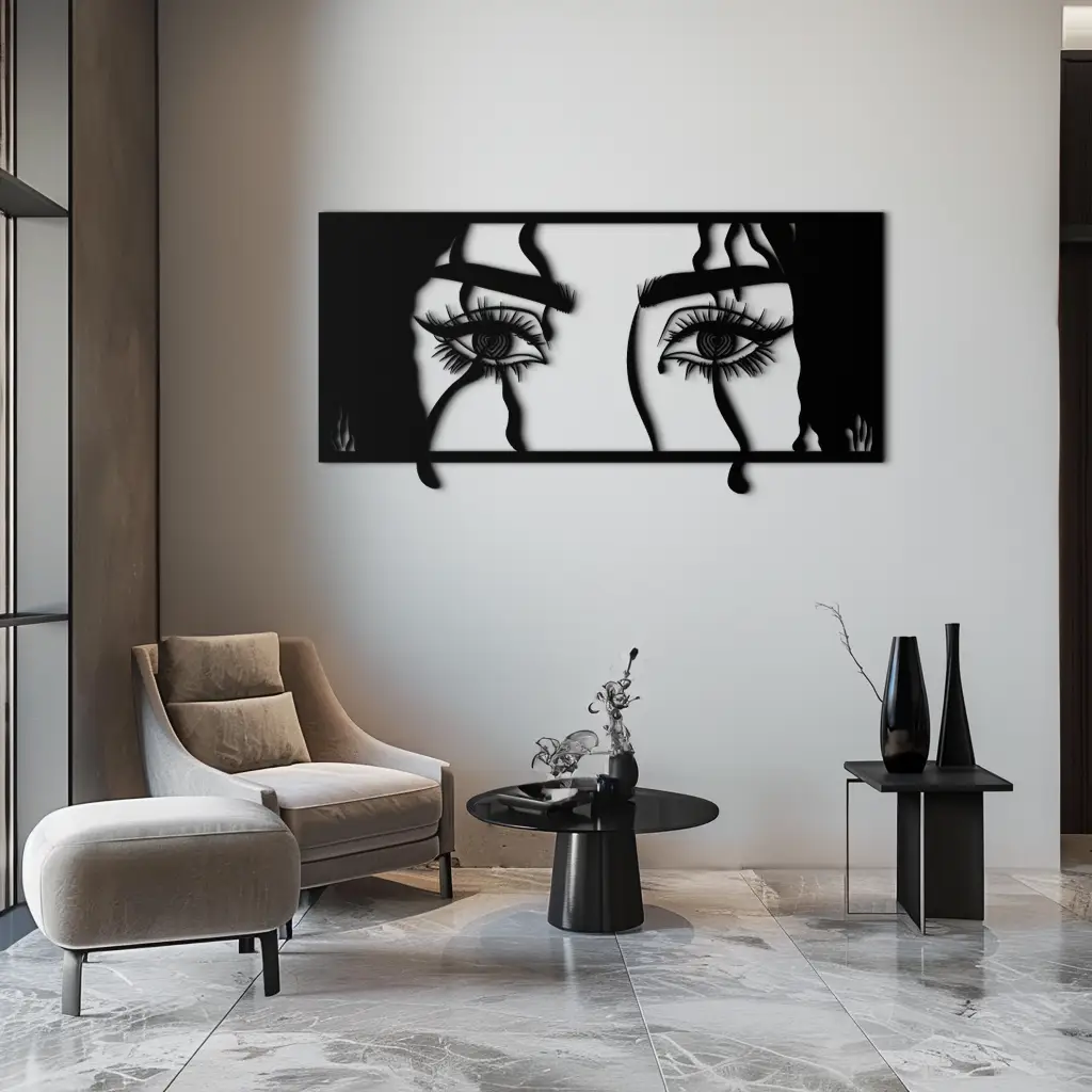Mysterious Woman Eyes Metal Wall Art – Black Steel Feminine Silhouette Decor for Modern Stylish Interiors- KAF408 by Enova Art
