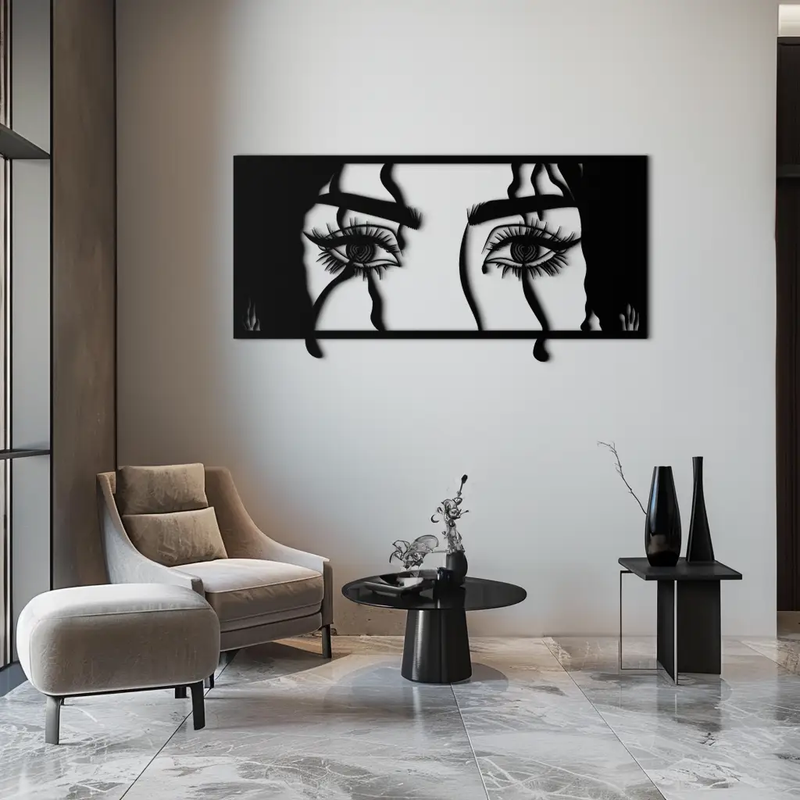 Mysterious Woman Eyes Metal Wall Art – Black Steel Feminine Silhouette Decor for Modern Stylish Interiors- KAF408 by Enova Art