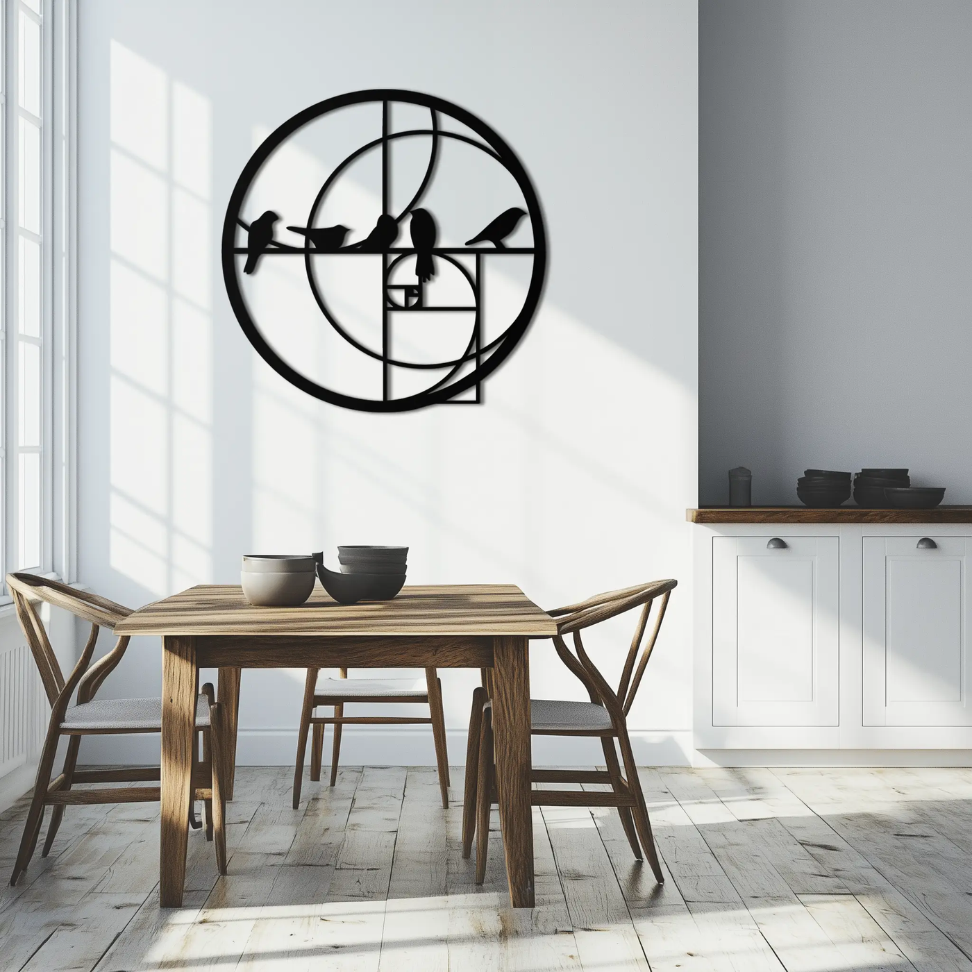 Golden Ratio Birds Metal Wall Art – Fibonacci Spiral and Birds Silhouette Black Steel Decor for Modern Interiors- KAF410 by Enova Art