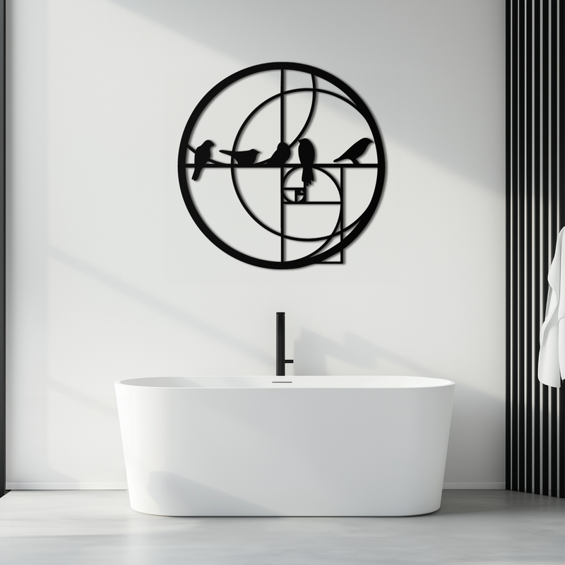 Golden Ratio Birds Metal Wall Art – Fibonacci Spiral and Birds Silhouette Black Steel Decor for Modern Interiors- KAF410 by Enova Art