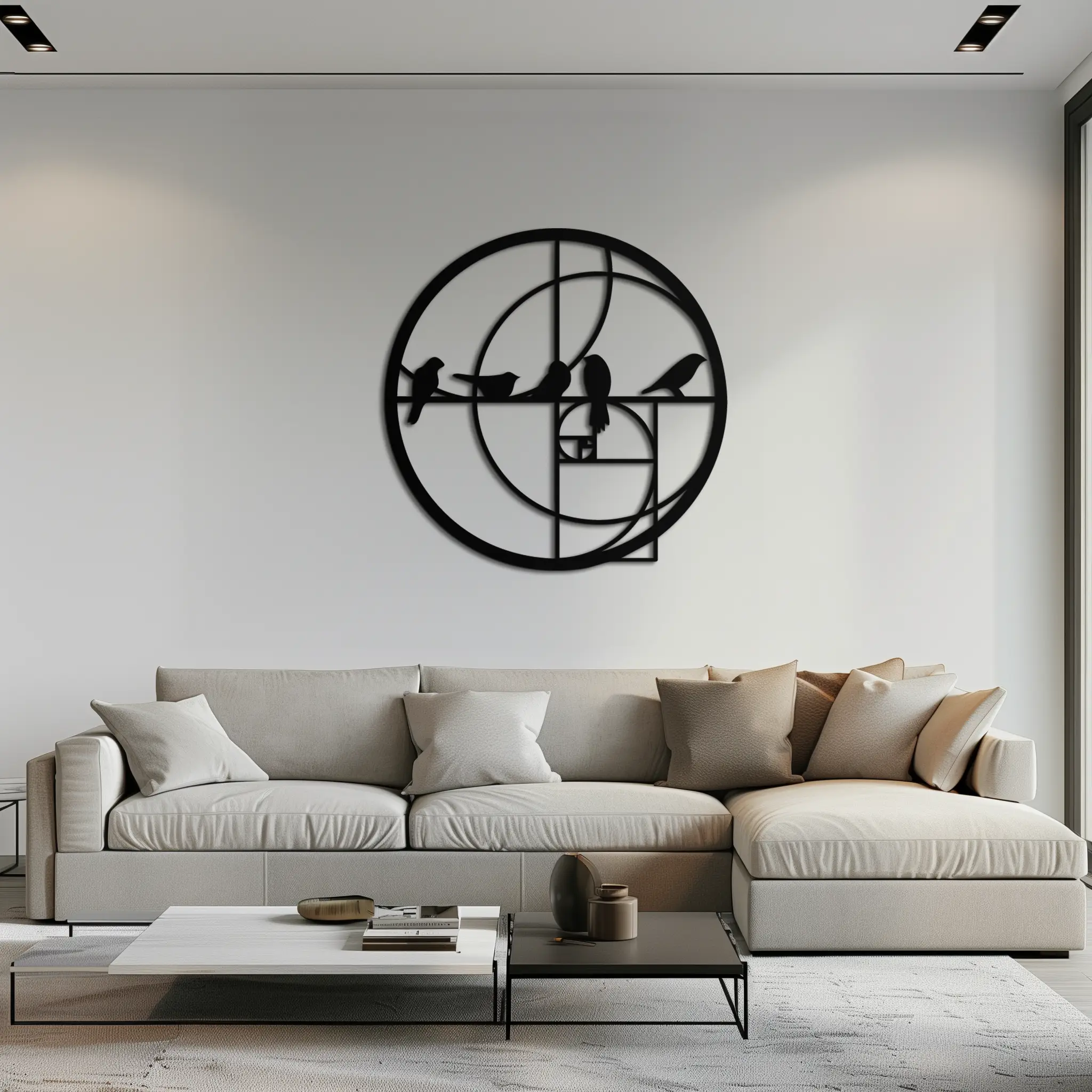 Golden Ratio Birds Metal Wall Art – Fibonacci Spiral and Birds Silhouette Black Steel Decor for Modern Interiors- KAF410 by Enova Art