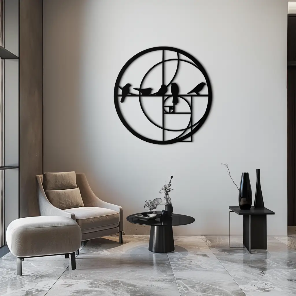 Golden Ratio Birds Metal Wall Art – Fibonacci Spiral and Birds Silhouette Black Steel Decor for Modern Interiors- KAF410 by Enova Art