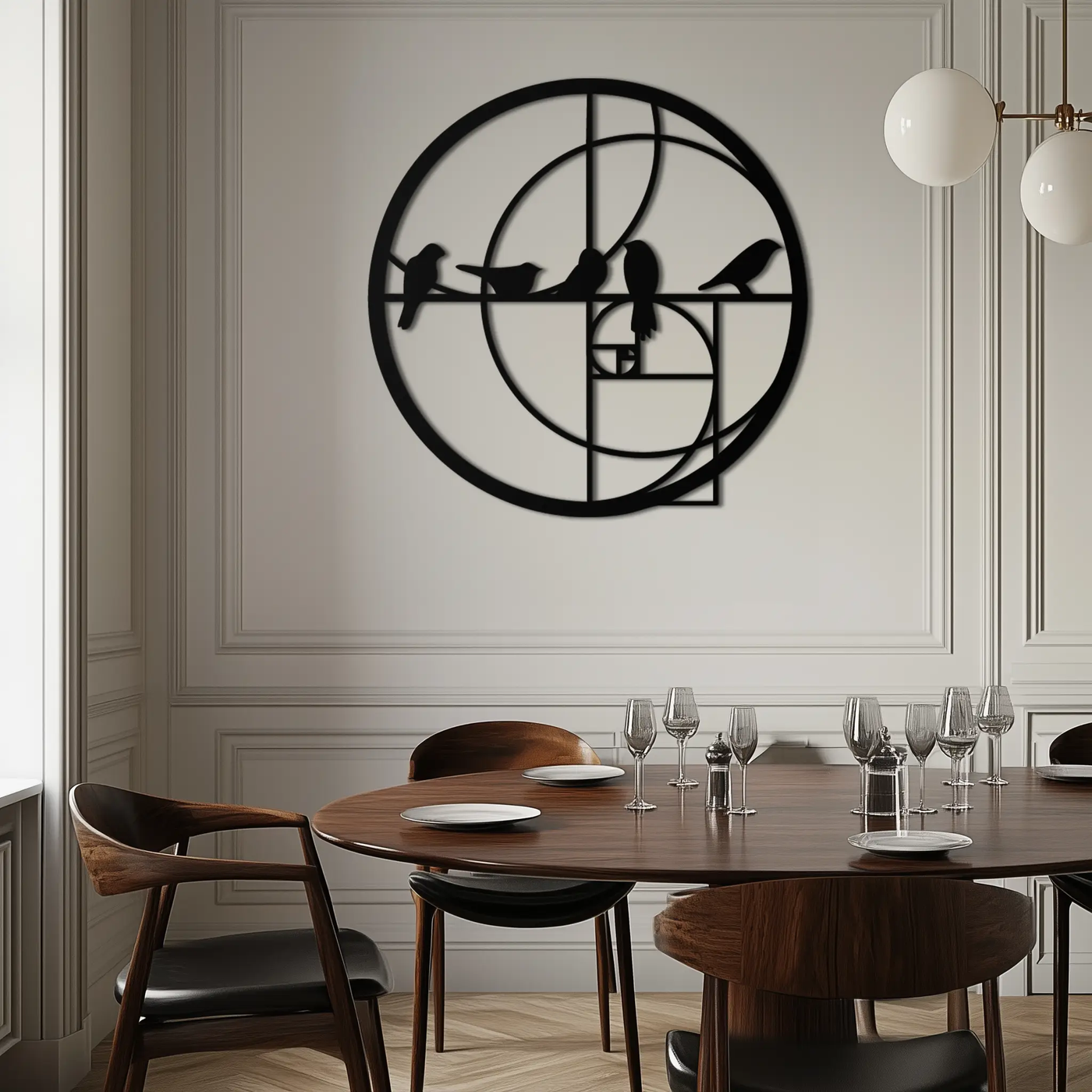 Golden Ratio Birds Metal Wall Art – Fibonacci Spiral and Birds Silhouette Black Steel Decor for Modern Interiors- KAF410 by Enova Art