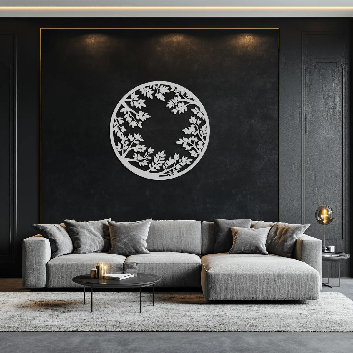 Round Leafy Branches Metal Wall Art – Nature Inspired Circular Black Steel Decor for Modern Interior and Garden- KAF411 by Enova Art