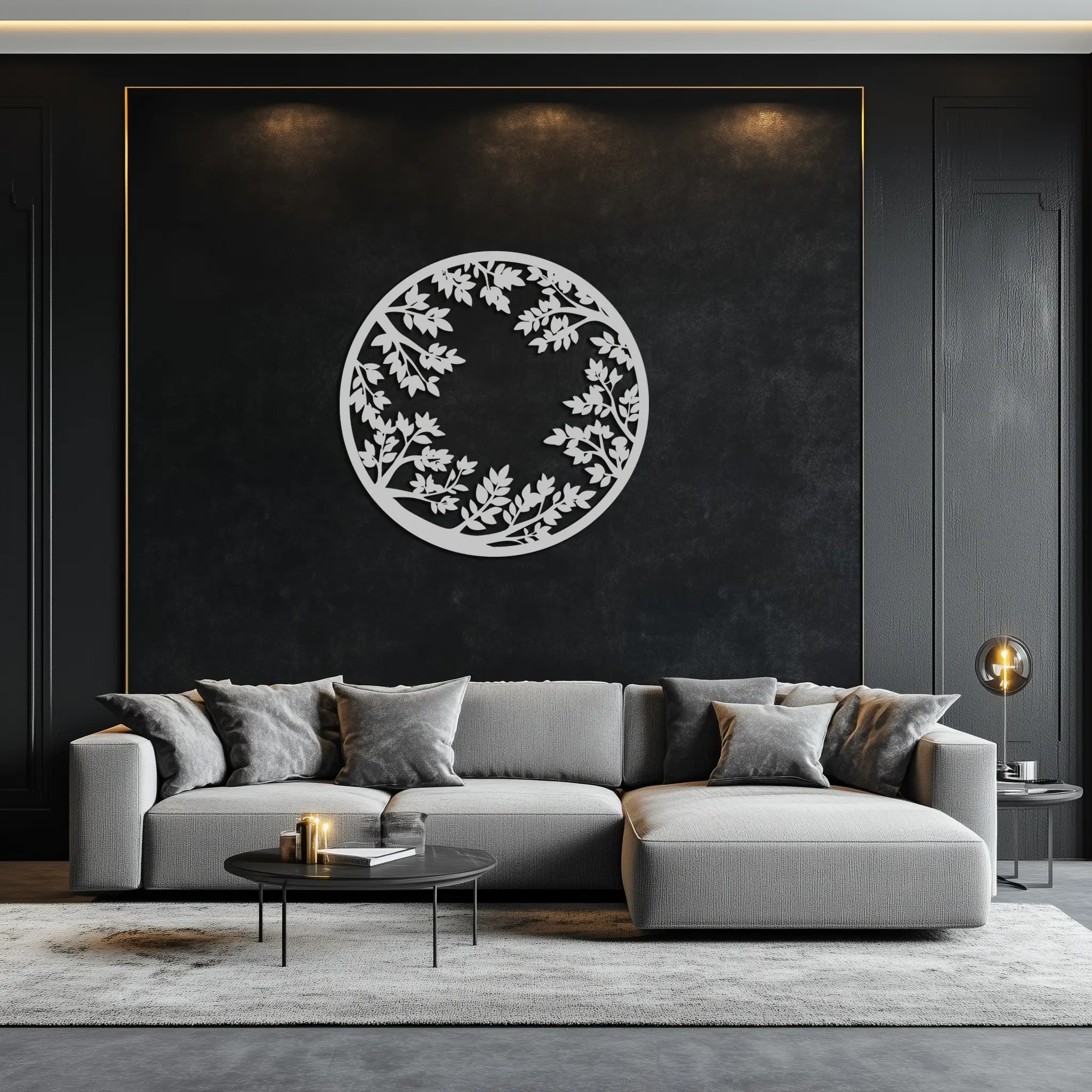 Round Leafy Branches Metal Wall Art – Nature Inspired Circular Black Steel Decor for Modern Interior and Garden- KAF411 by Enova Art