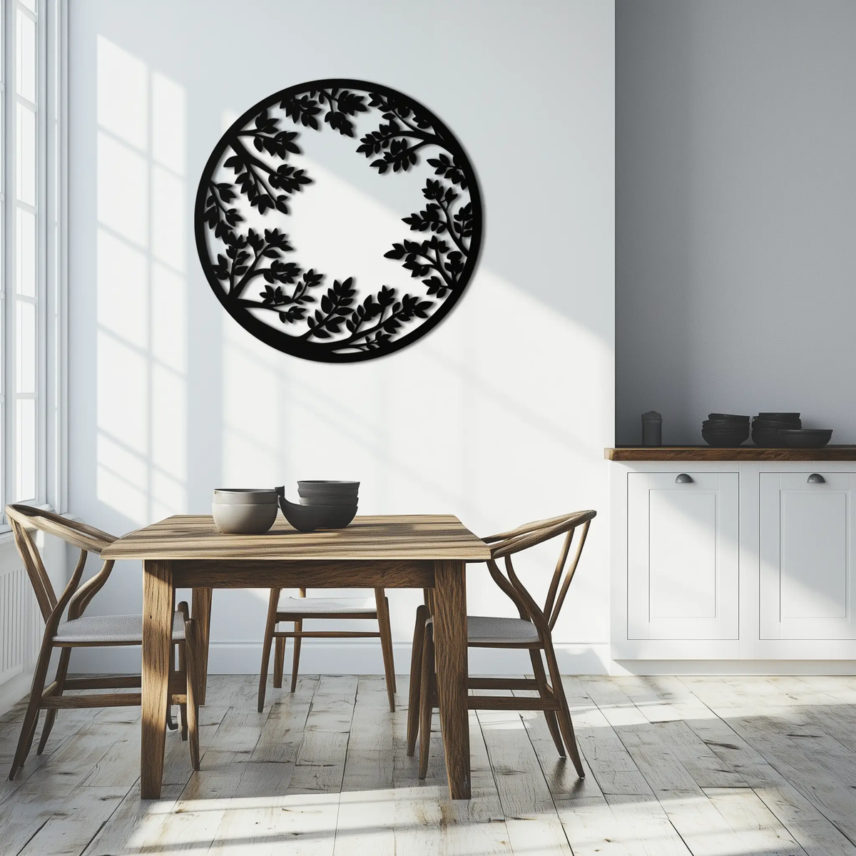 Round Leafy Branches Metal Wall Art – Nature Inspired Circular Black Steel Decor for Modern Interior and Garden- KAF411 by Enova Art