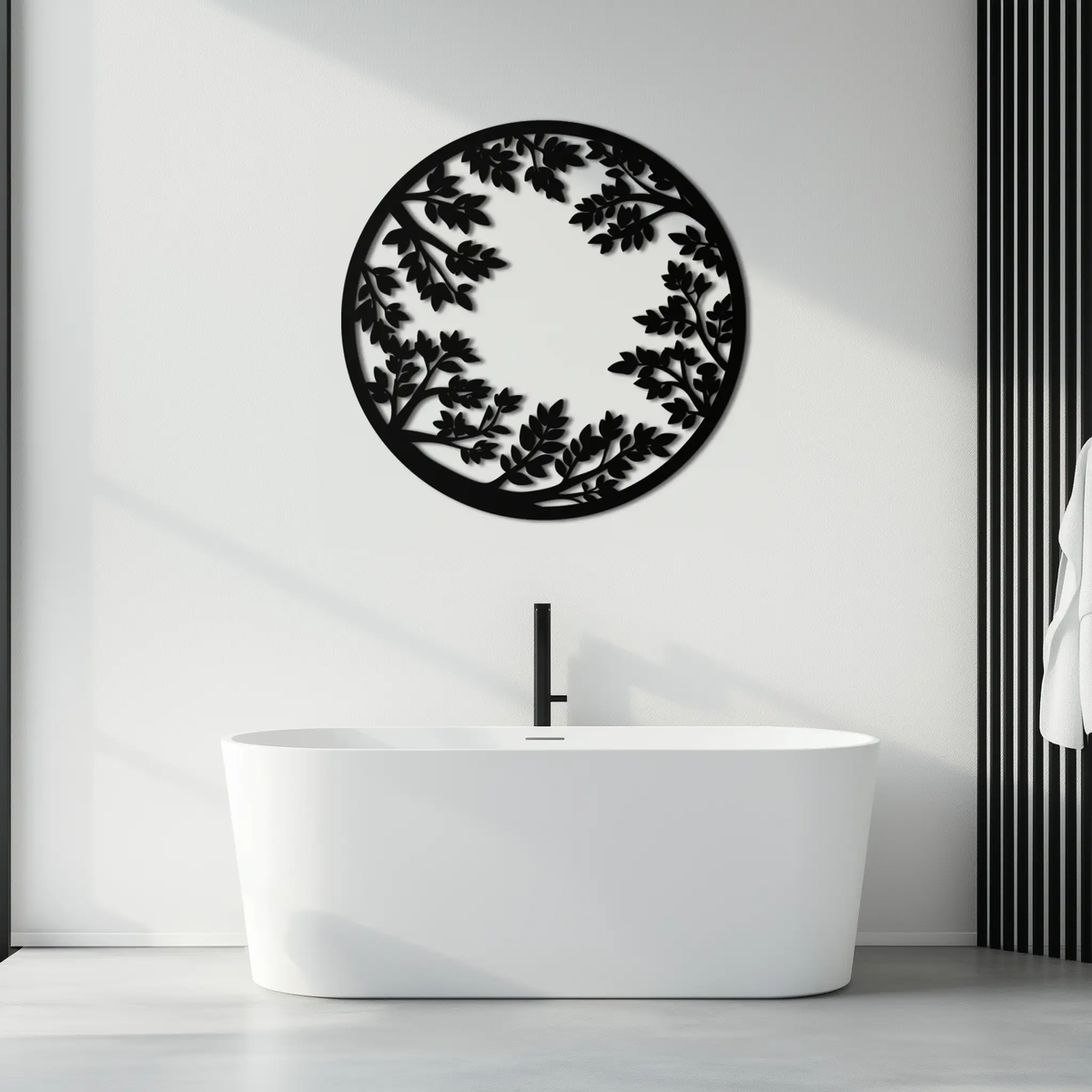 Round Leafy Branches Metal Wall Art – Nature Inspired Circular Black Steel Decor for Modern Interior and Garden- KAF411 by Enova Art