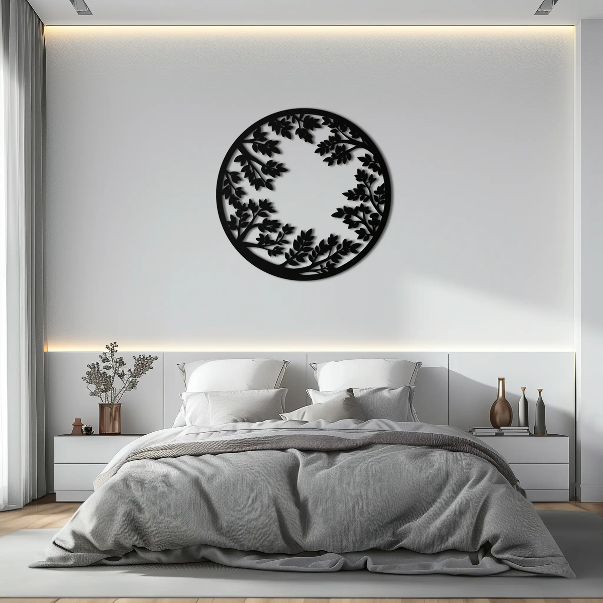 Round Leafy Branches Metal Wall Art – Nature Inspired Circular Black Steel Decor for Modern Interior and Garden- KAF411 by Enova Art