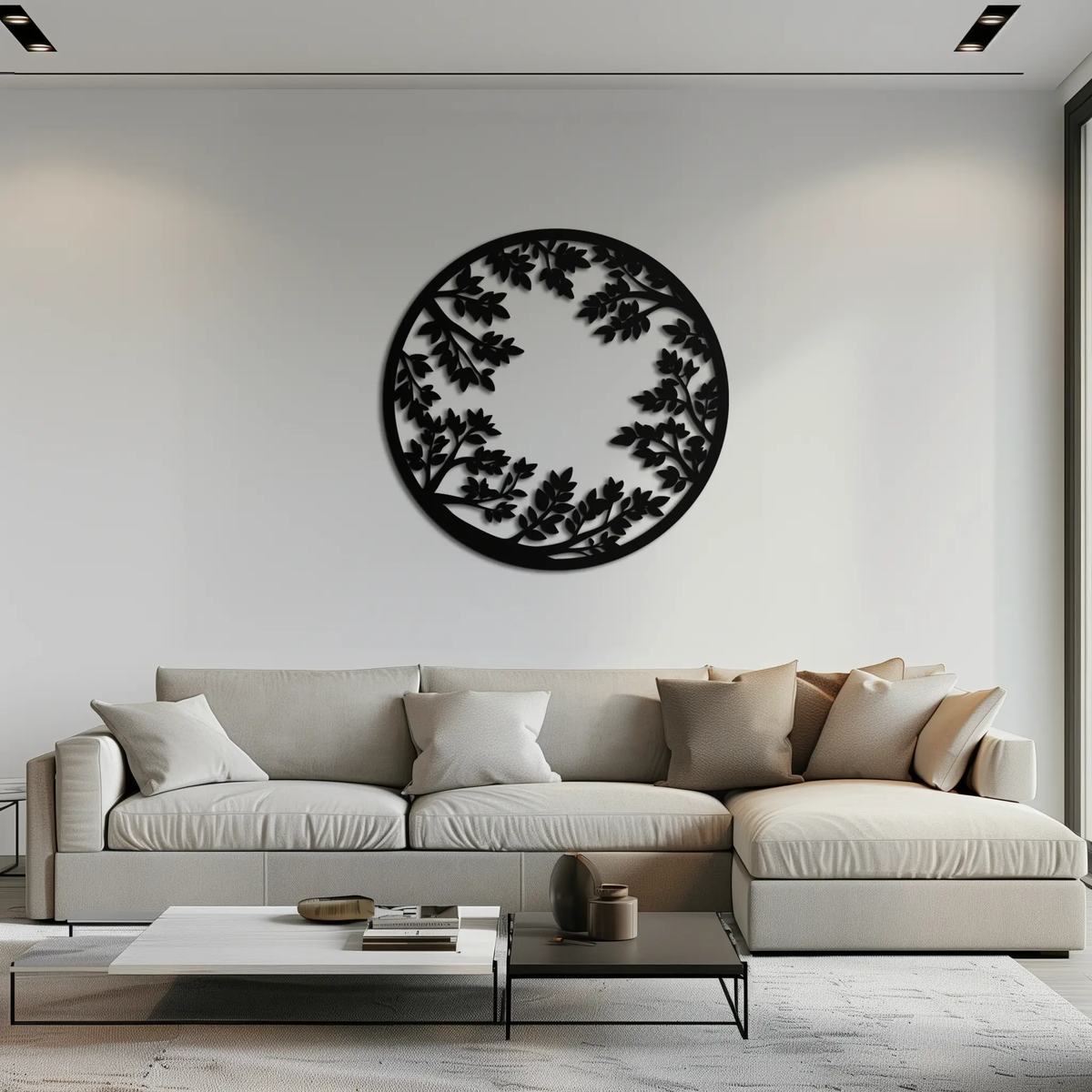 Round Leafy Branches Metal Wall Art – Nature Inspired Circular Black Steel Decor for Modern Interior and Garden- KAF411 by Enova Art