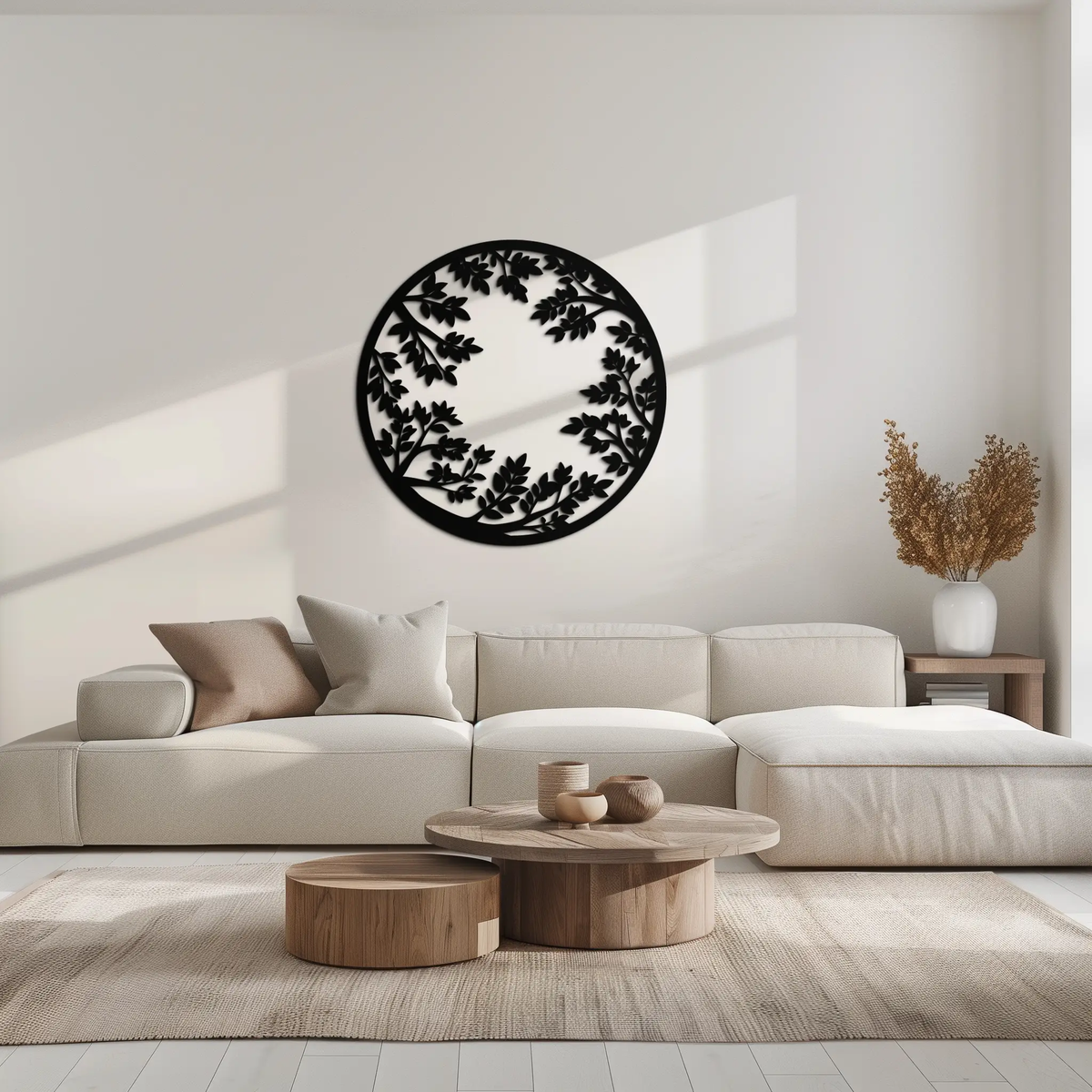 Round Leafy Branches Metal Wall Art – Nature Inspired Circular Black Steel Decor for Modern Interior and Garden- KAF411 by Enova Art