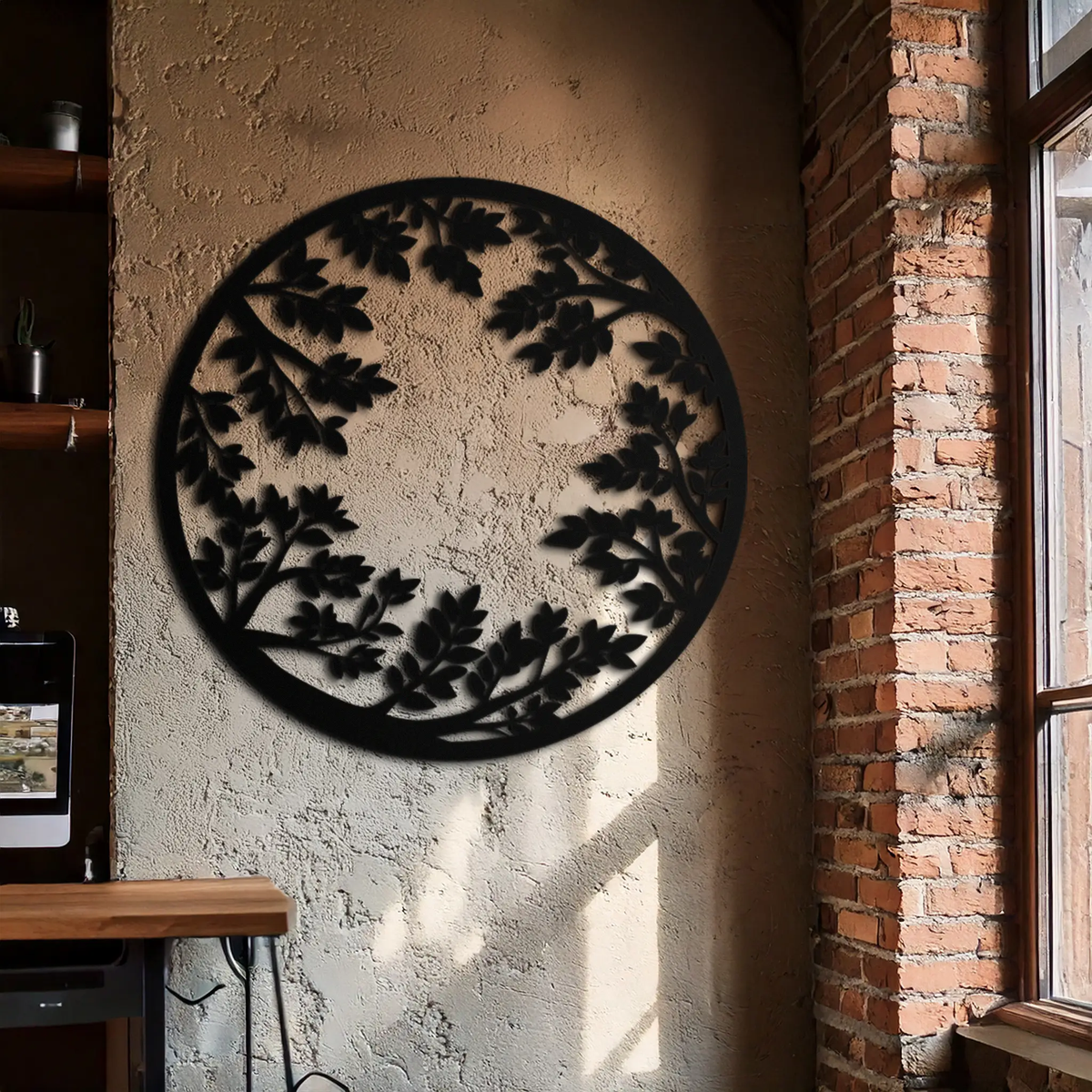 Round Leafy Branches Metal Wall Art – Nature Inspired Circular Black Steel Decor for Modern Interior and Garden- KAF411 by Enova Art