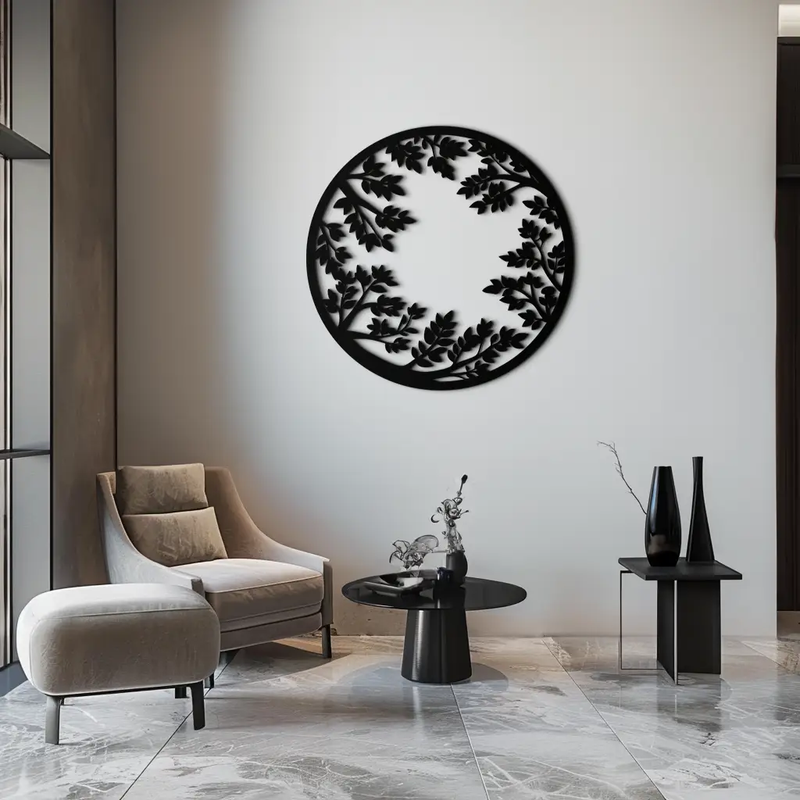 Round Leafy Branches Metal Wall Art – Nature Inspired Circular Black Steel Decor for Modern Interior and Garden- KAF411 by Enova Art